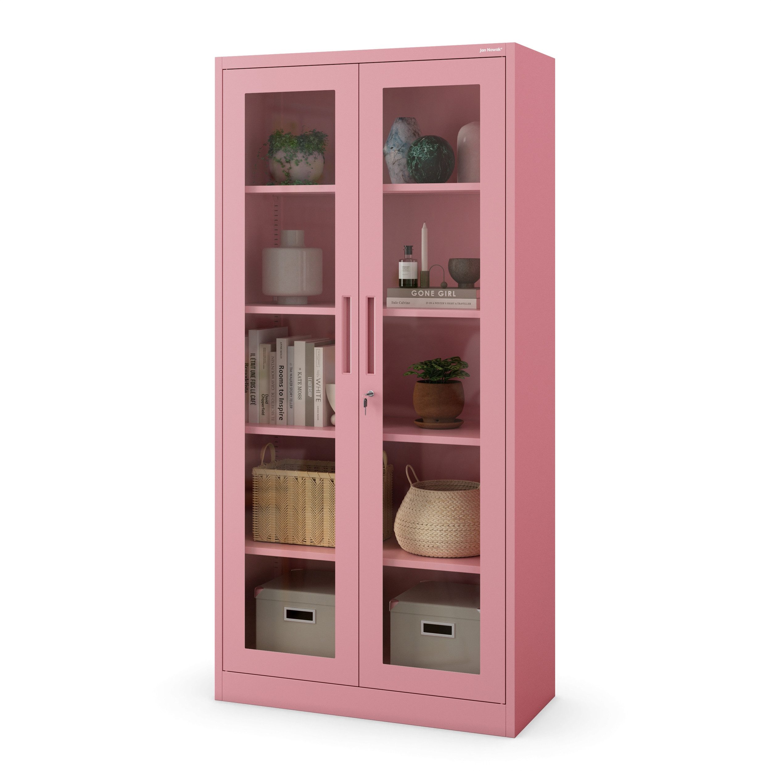 Jan Nowak Vitrine Metall Vitrinenschrank abschließbar 90 cm AMELIA Glasscheiben (Büroschrank Aktenschrank Büro Kanzlei Praxis Sozialraum, Stahl 0,6 mm 185 x 90 x 45 cm Wandmontage 50 Ordner robust) Schloss 2 Schlüssel 4 Böden langlebig 9 Farben