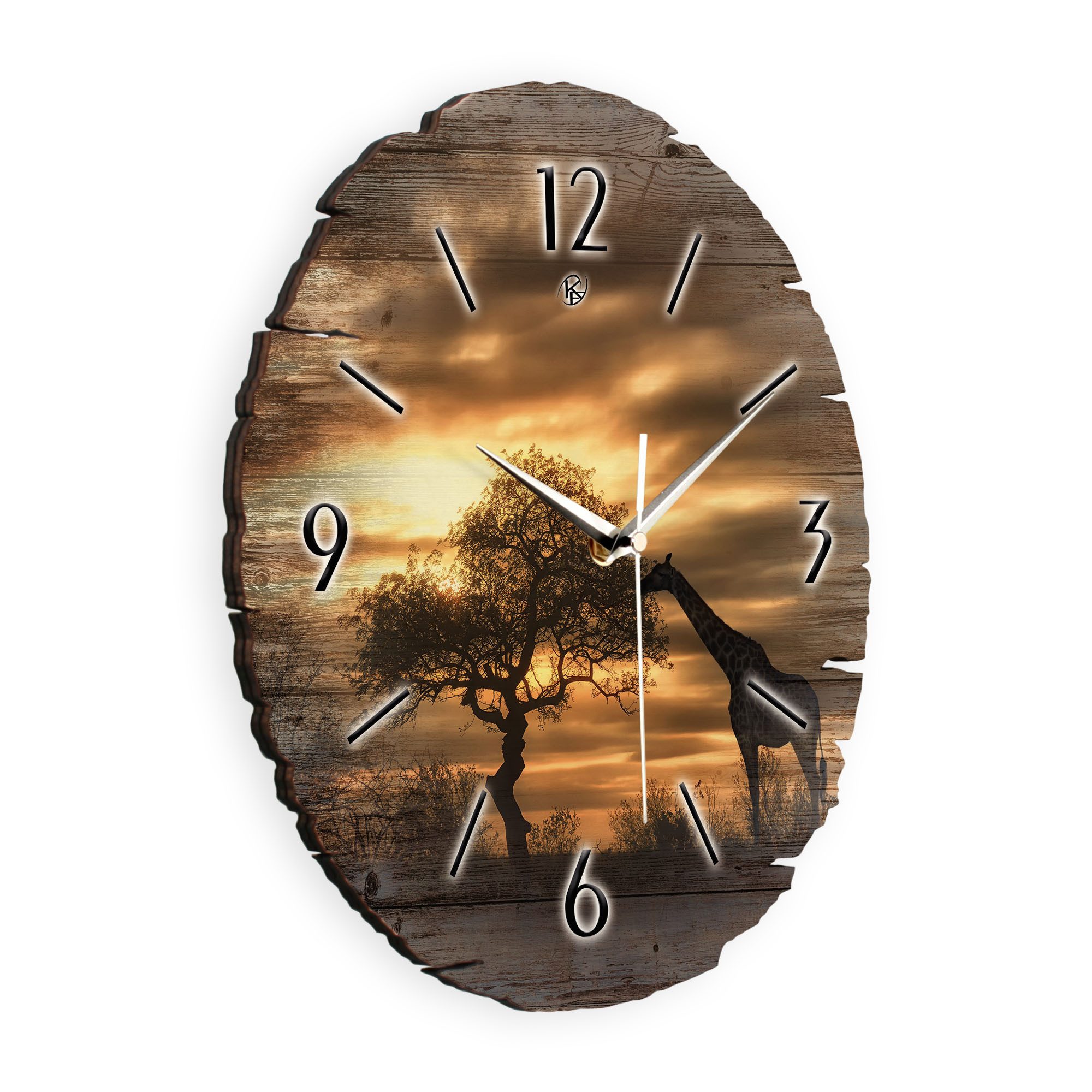 Kreative Feder Wanduhr Wanduhr "Giraffe in Afrika" aus Naturholz (ohne Ticken; Funk- oder Quarzuhrwerk; ⌀ 30cm; außergewöhnlich)