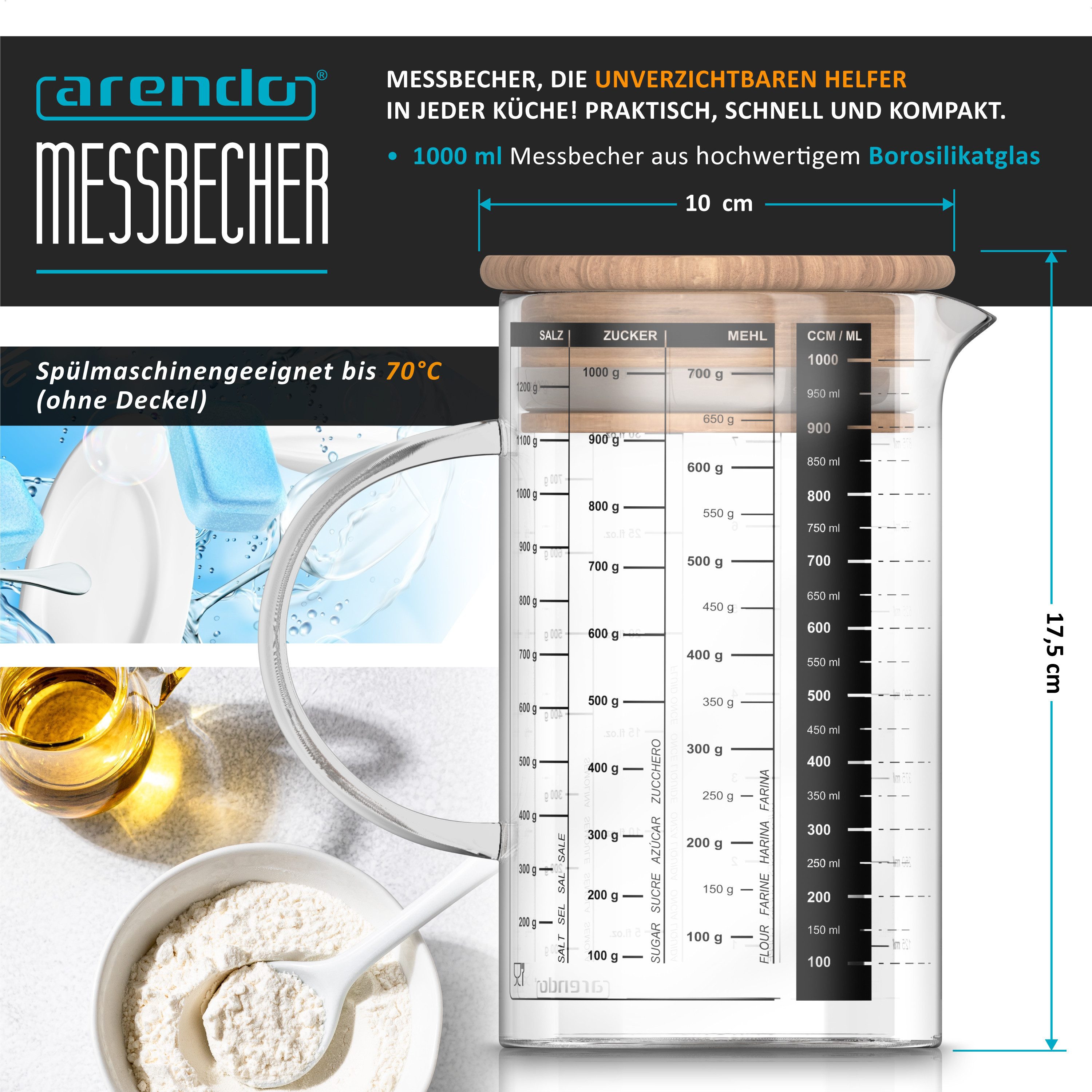 Arendo Messbecher Glasbehälter 1000 ml luftdicht, Küchenbehälter mit Bambusdeckel, Glas, Silikondichtung, für Mehl Zucker Gewürze Flüssigkeiten Süßigkeiten