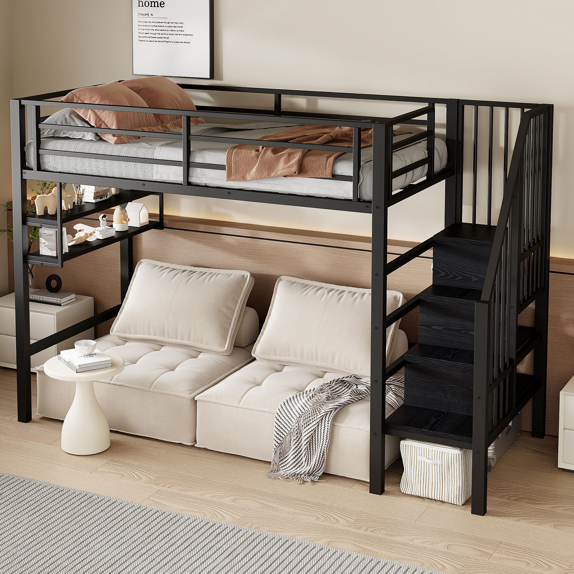 OKWISH Hochbett Funktionsbett,Einzelbett,Jugendbett,Kinderbett,Stauraumbett (Hochbett 90x200cm mit Stauraumleiter & Einlegeböden – Robuster Eisenrahmen, Kinderfreundliches Geländer, Freiraum zum Verkleiden) ohne Matratze