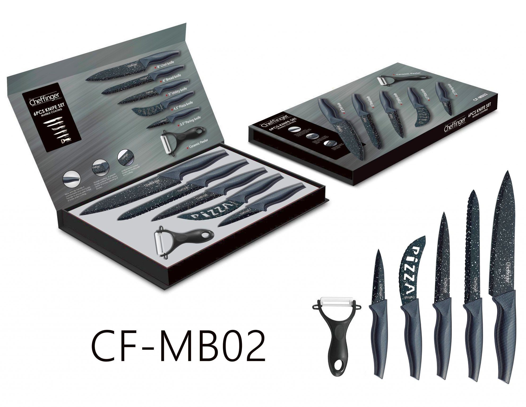 Cheffinger Messer-Set Messer Kochmesser Sparschäler Messerset 6-tlg. Cheffinger CF-MB02