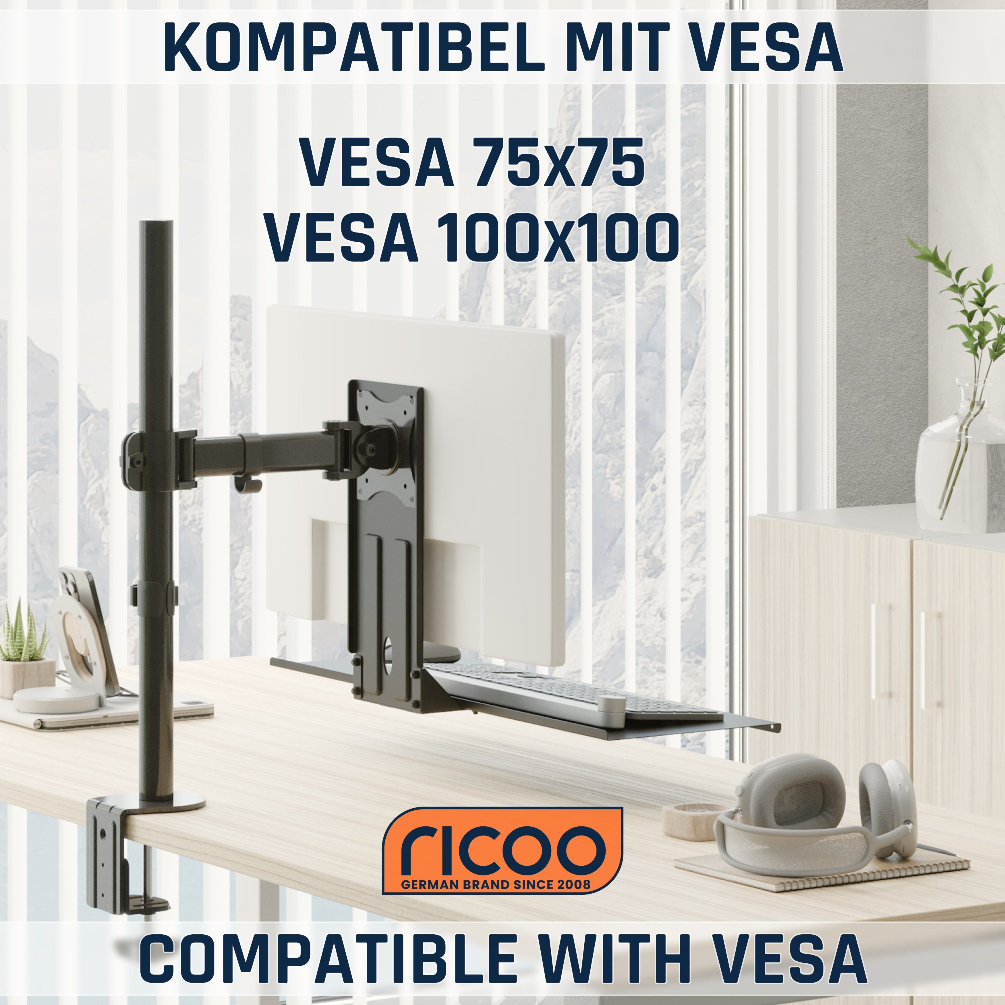 RICOO Halterung Tastaturhalterung für Monitorarm CZ0500, (VESA 75x75 100x100, 1-tlg., 2 kg Belastbarkeit, 65 x 26,8 x 33 cm Tastaturgröße, Tastaturhalterung Adapter Tastatur Workstation)