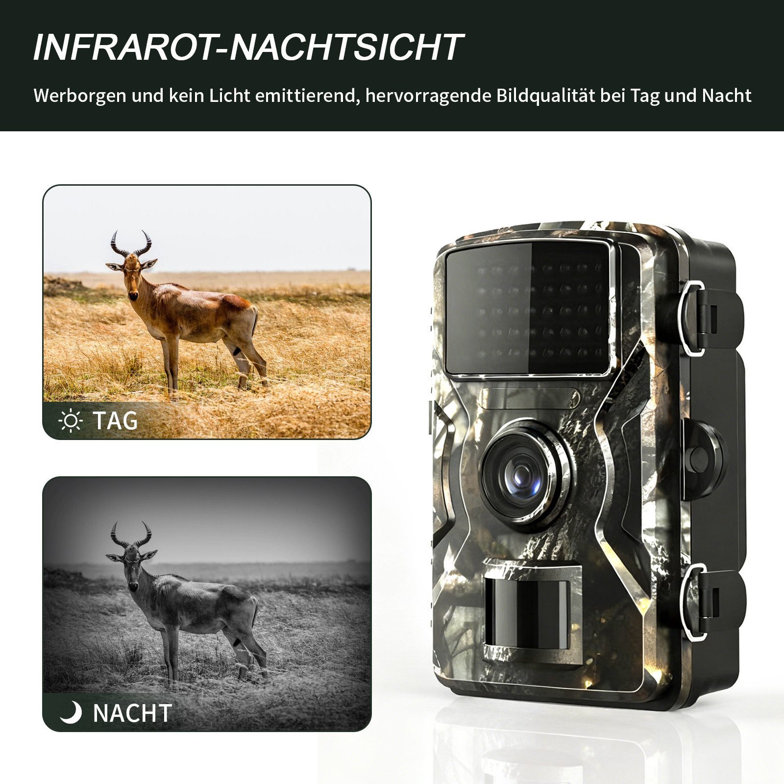 Fine Life Pro Wildkamera 16MP 1080P IP66 wasserdichte Infraro Wildkamera (Wildkamera mit Bewegungsmelder und Nachtsicht mit 32GB Karte)