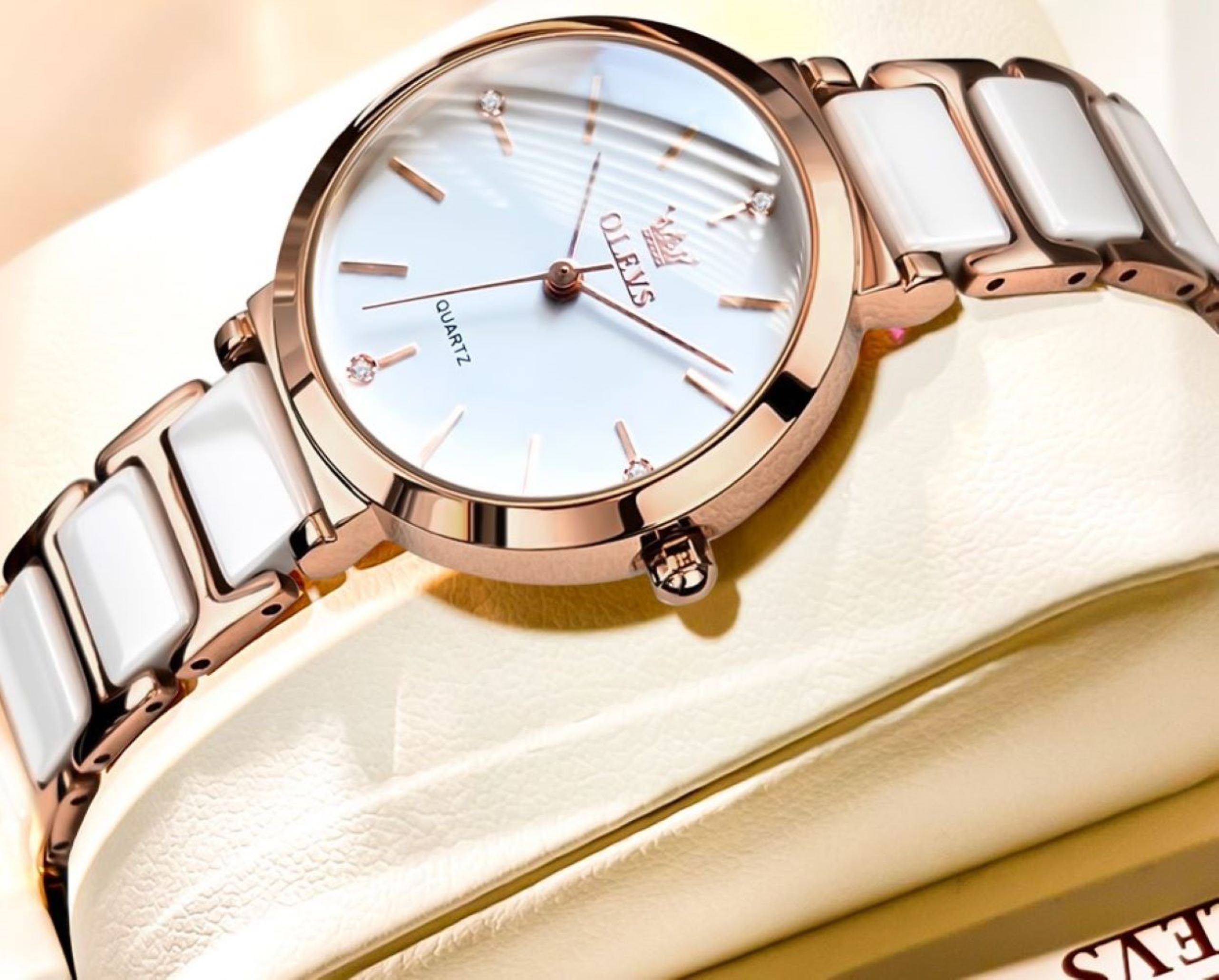 Tidy Quarzuhr Neu Damenuhr Keramik Rosegold Weiss Bi-Color günstig online kaufen