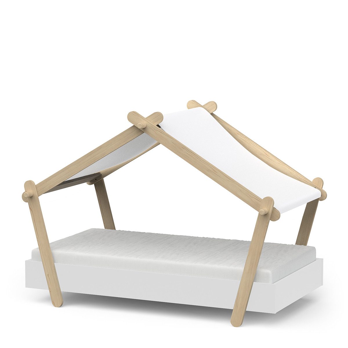 habeig Kinderbett Mini-Lodge Bett mit Dach, 143,6 x 106,5 x 85 cm, Weiß/Naturholz, ohne Matratze und Bettzeug