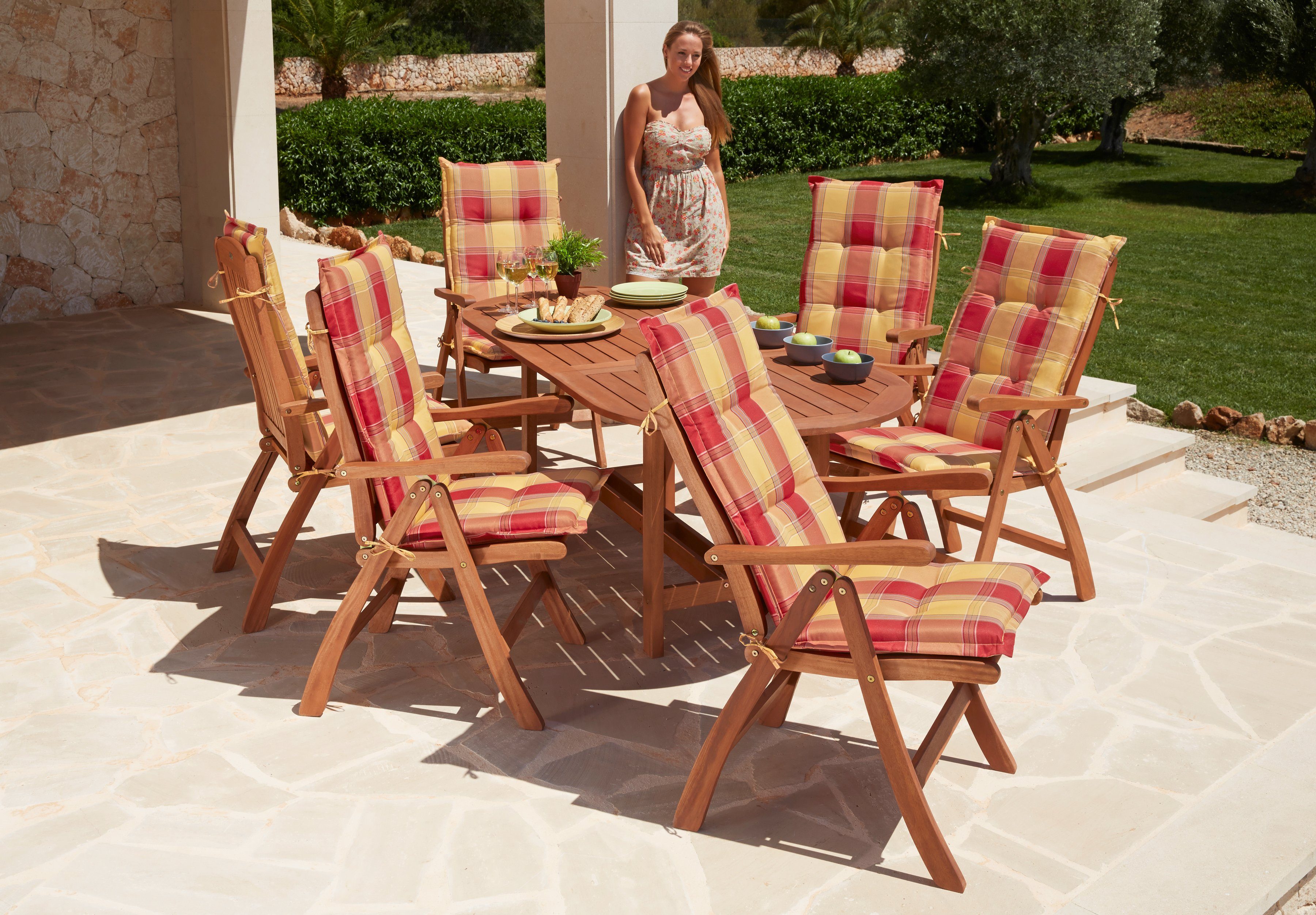 MERXX Garten-Essgruppe Maracaibo, (13-tlg., 6xKlappsessel, inkl. Auflagen, 1x Ausziehtisch 160(210)x90 cm), Eukalyptusholz, FSC® Mix, geeignet für 6 Personen
