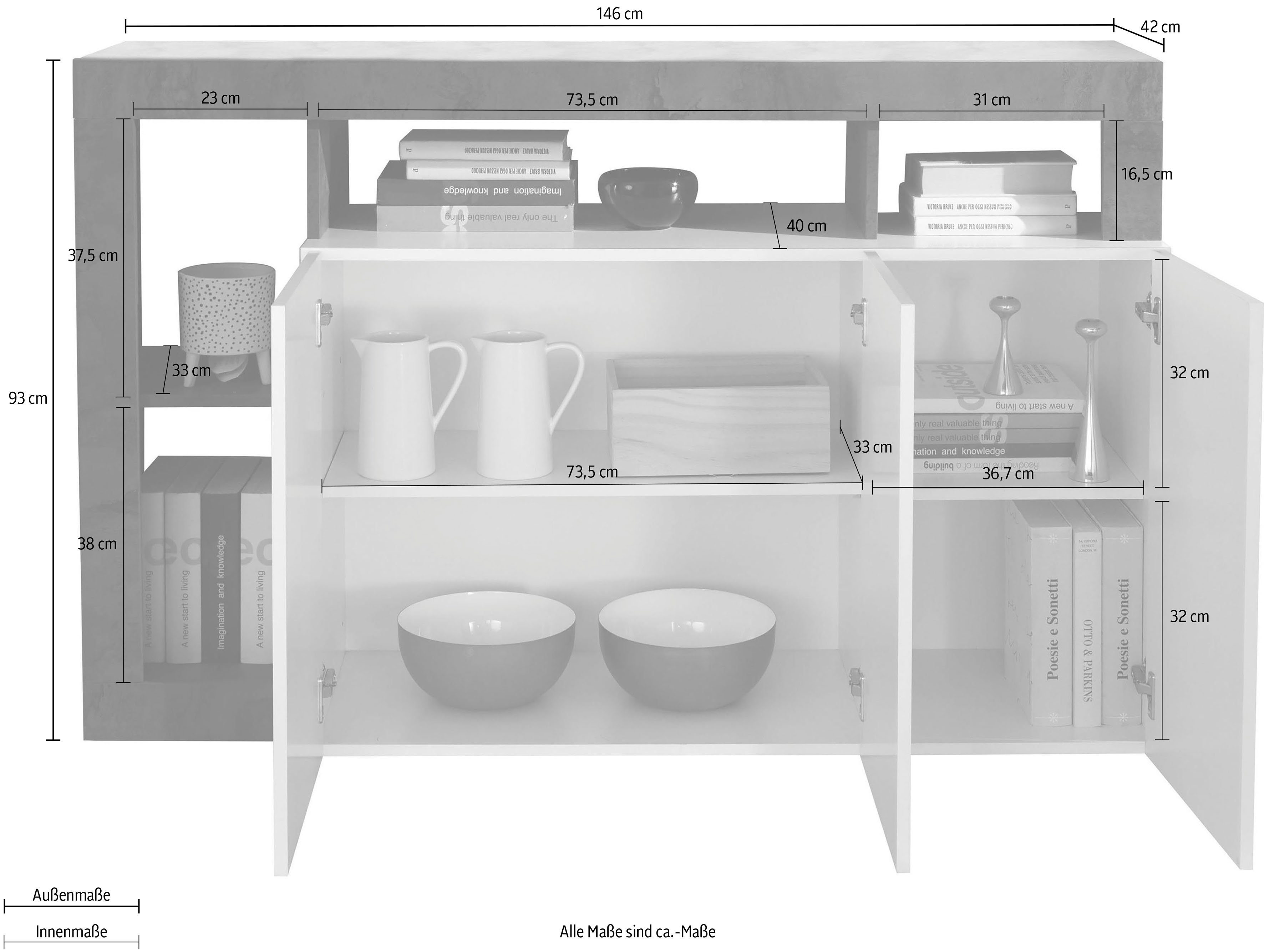 LC 146 Breite cm Sideboard Hamburg, Weiß/Ossido