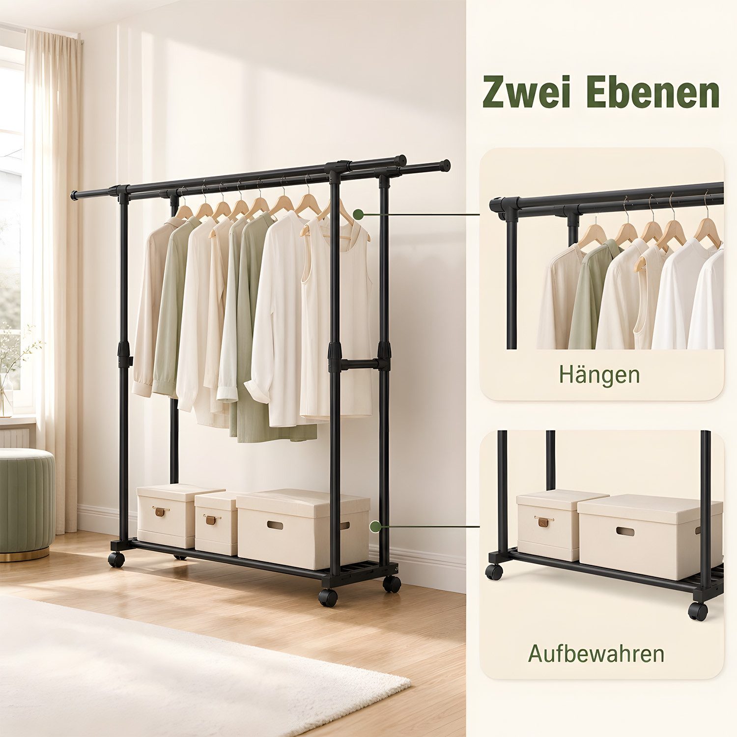 HEYHIPPO Kleiderstange Kleiderständer ausziehbar,höhenverstellbar, mit Rollen & Schuhablage (höhenverstellbar bis 155cm, für Schlafzimmer, Wohnzimmer & Wäschera – Bild 5 von 5