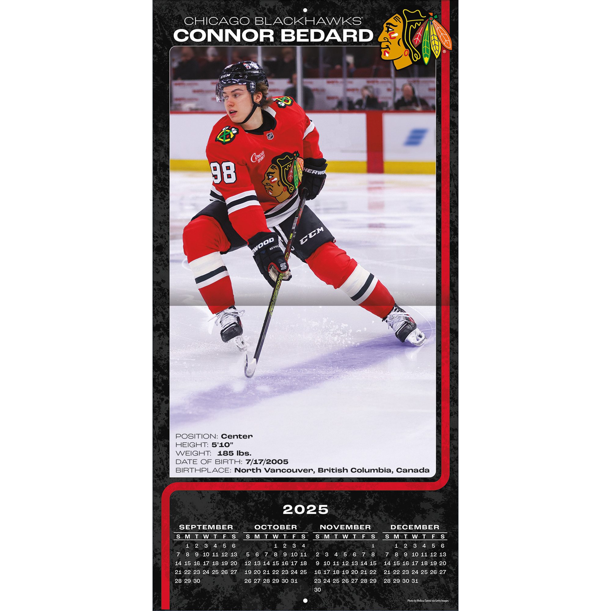 Turner Wandkalender Chicago Blackhawks Connor Bedard NHL 30,5x30,5 cm Wandkalender 2026, 12- Monats- Format, Zusatzseite Januar - Dezember 2024