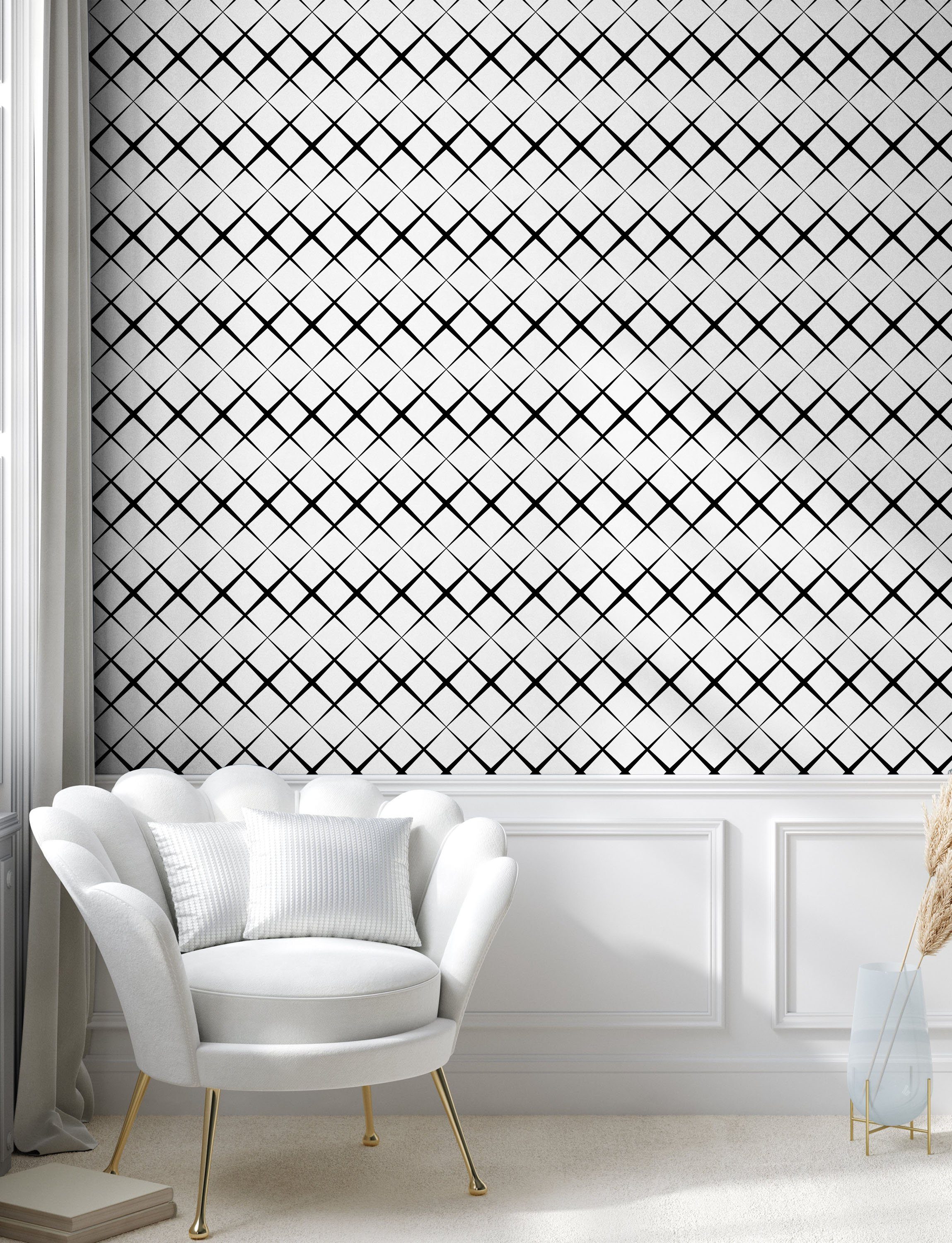 Abakuhaus Vinyltapete und selbstklebendes Gitternetzlinien Wohnzimmer Küchenakzent, Schwarz weiß