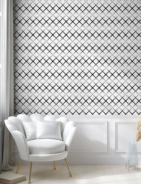 Abakuhaus Vinyltapete selbstklebendes Wohnzimmer Küchenakzent, Schwarz und weiß Gitternetzlinien