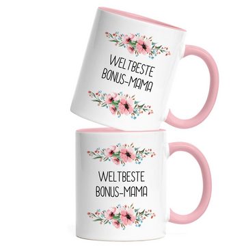 Hey!Print Tasse Weltbeste Bonus-Mama Tasse Mutterliebe Blumenmotiv Geschenkidee Muttertag Geburtstag, Keramik
