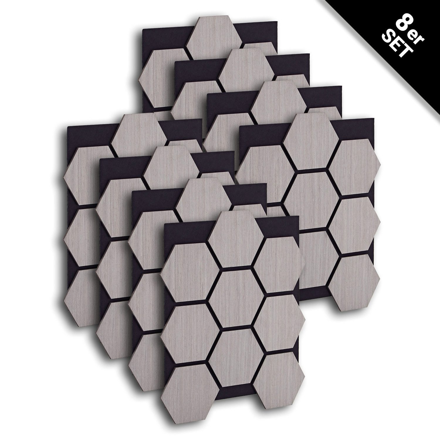 Homestyle4u Wandpaneel je 76x62 cm Hexagon Wand Akustikpaneele Holz Schallschutz Filz Панели, (8-tlg) 3D Akustik Paneel Grau zum Kleben oder Bohren