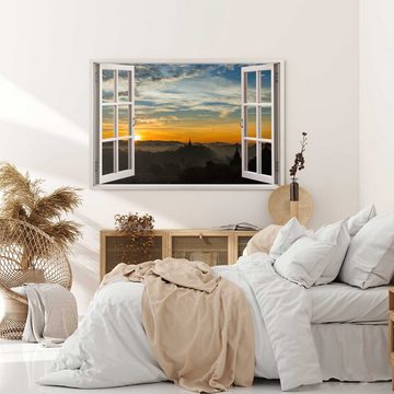 Sinus Art Leinwandbild Wandbild 120x80cm Fensterbild Horizont Sonnenuntergang Tempel Asien Ab, (1 St)