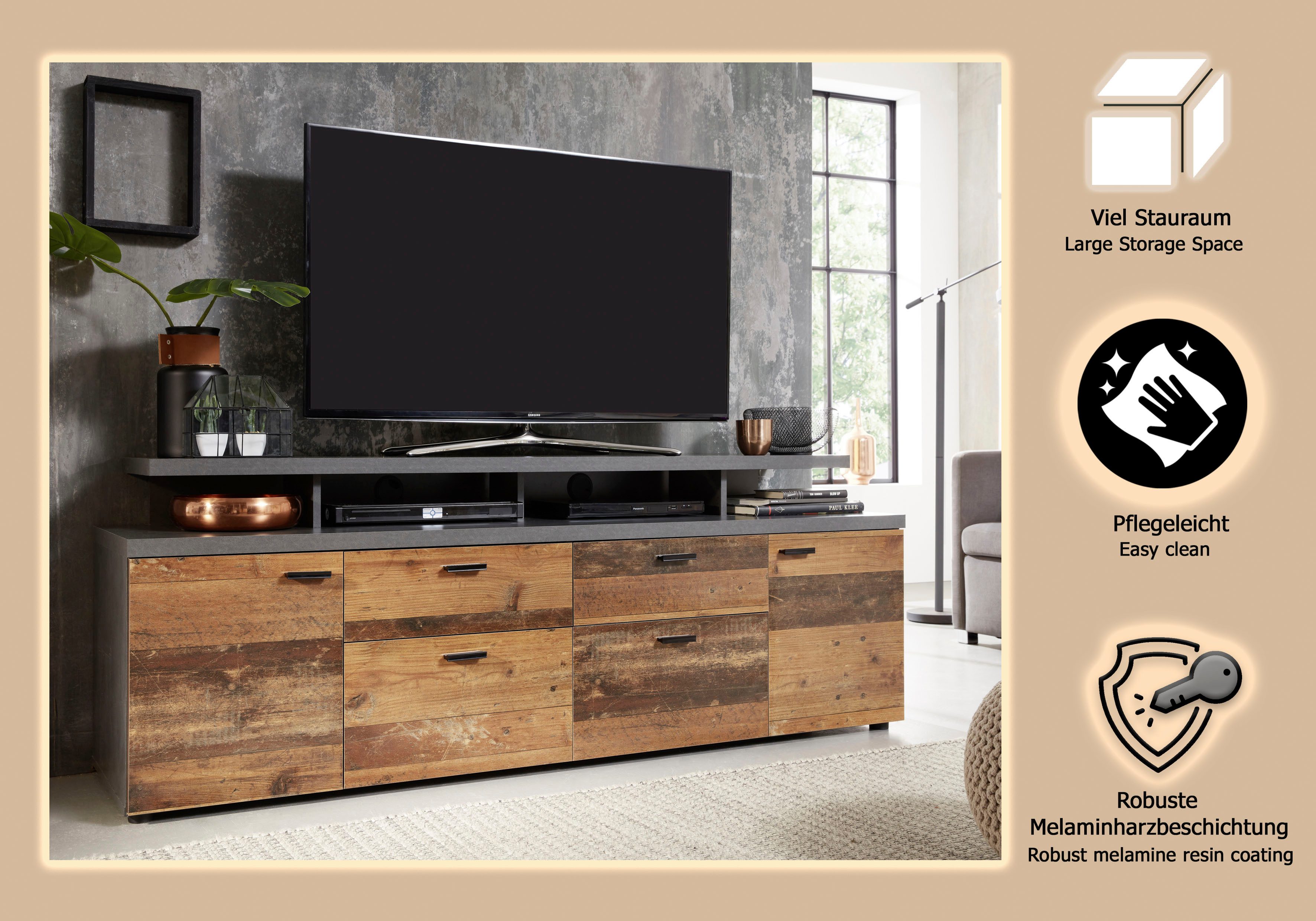 Home affaire TV-Board Messina (1 St), TV-Lowboard mit Türen, Schubladen & Fächern - (B/T/H) 180/47/66 cm