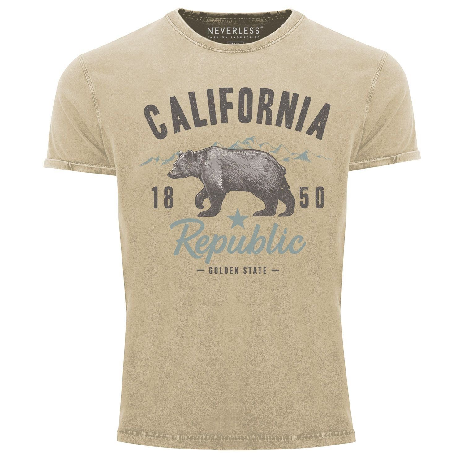 Neverless Print-Shirt Herren Shirt State Neverless® Used Print mit Golden Summer Printshirt Bear Look California Sommer Vintage USA Aufdruck Bär natur T-Shirt
