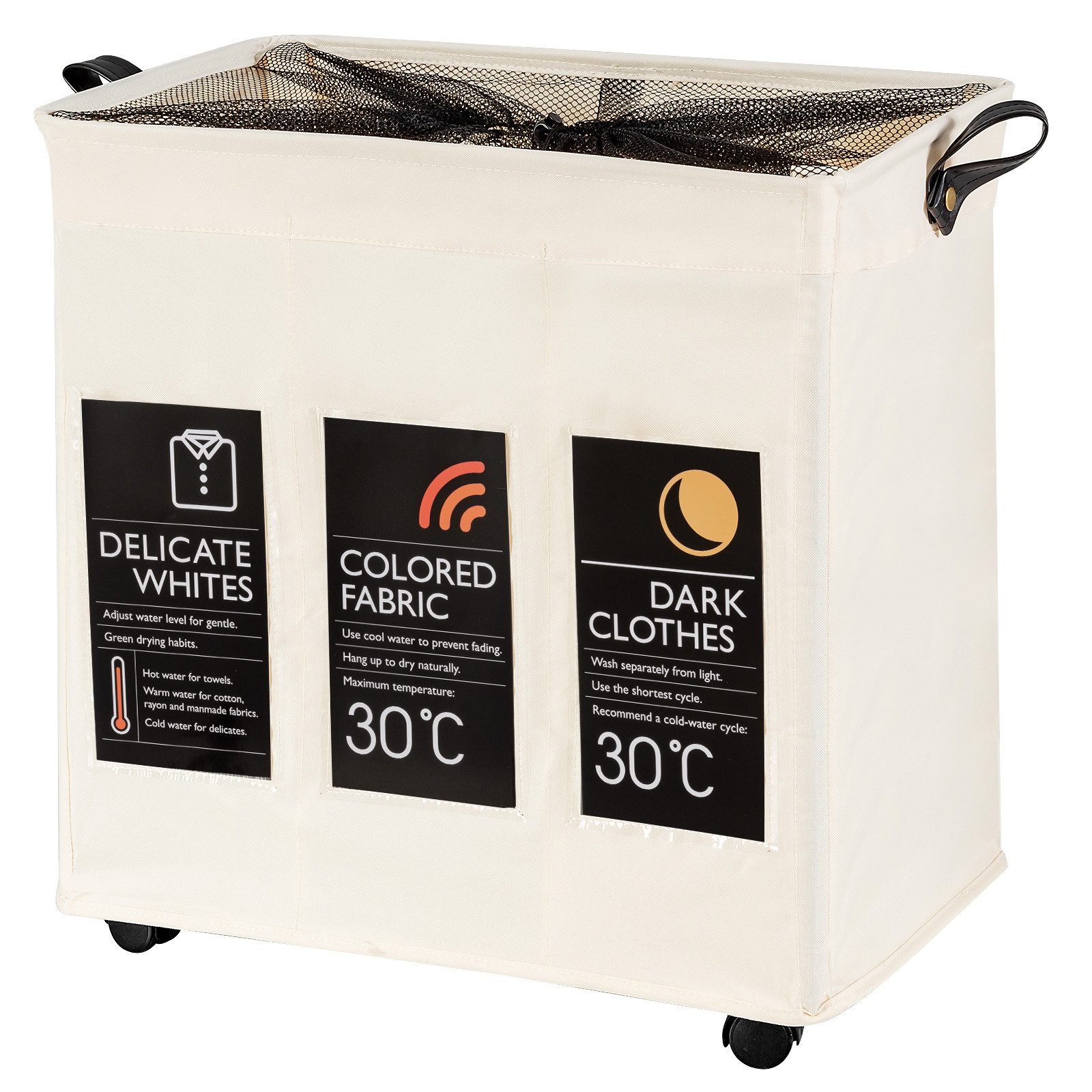 COSTWAY Wäschekorb, 120L, 3 Fächer, mit 6 Karte Deckel Griff Rollen