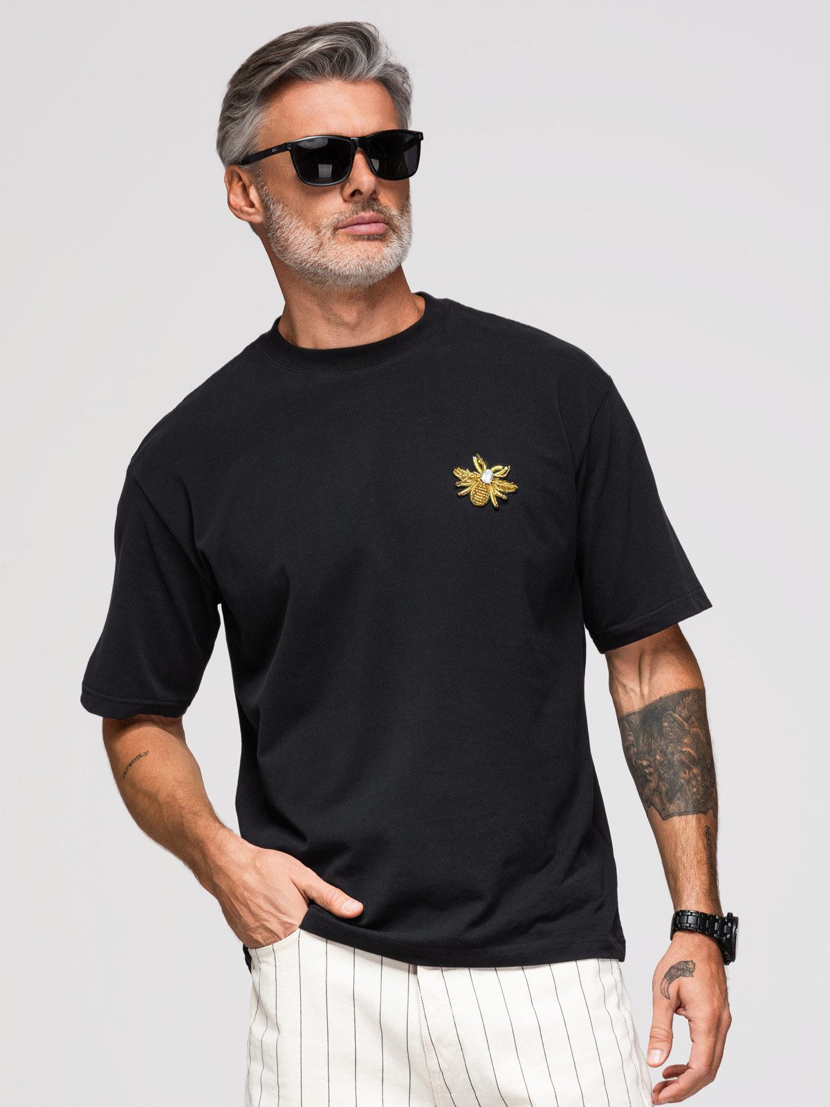 OMBRE Print-Shirt Herren Loose Fit T-Shirt mit V-Ausschnitt Schwarz L (kein Set, 1-tlg)