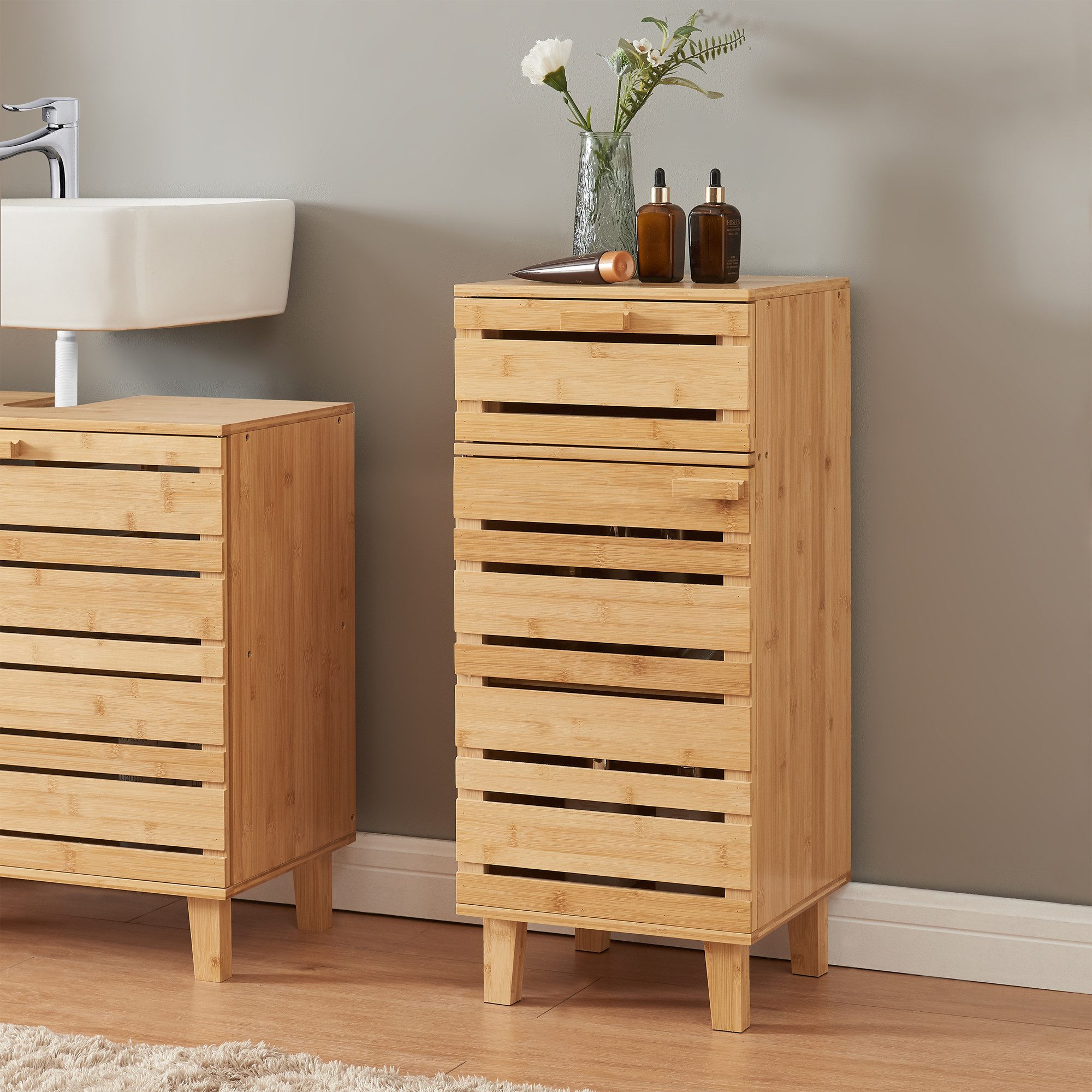 en.casa Midischrank »Epind« Badezimmerschrank 75 x 33 x 30 cm Bambus Natur günstig online kaufen