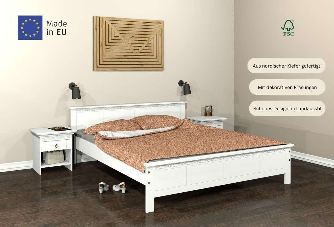 OTTO home Massivholzbett Indra, Landhausstil, edles Design,zertifiziertes Massivholz (Breite/Belastbarkeit 180cm/220 KG, 140cm/180 KG, 90cm/120 KG), mit Kopfteil, mit dekorativen Fräsungen, aus Kiefer