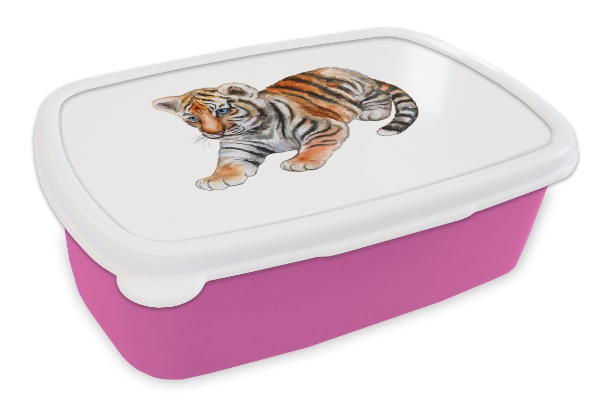 MuchoWow Lunchbox Tiger - Baby - Weiß, Kunststoff, (2-tlg), Brotbox für Erwachsene, Brotdose Kinder, Snackbox, Mädchen, Kunststoff rosa