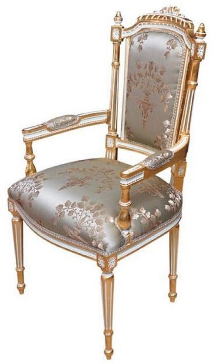 Casa Padrino Möbel im Stil Antik Gold Barockstil Stuhl Esszimmerstuhl Esszimmerstuhl Barock Esszimmer - Silber mit - Weiß Armlehnen / Handgefertigter 