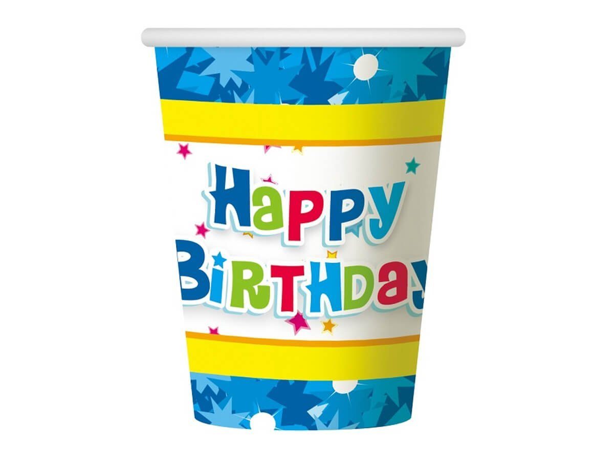 Festivalartikel Einwegbecher Happy Birthday blau Set 6 Einwegbecher Pappbecher 270 ml