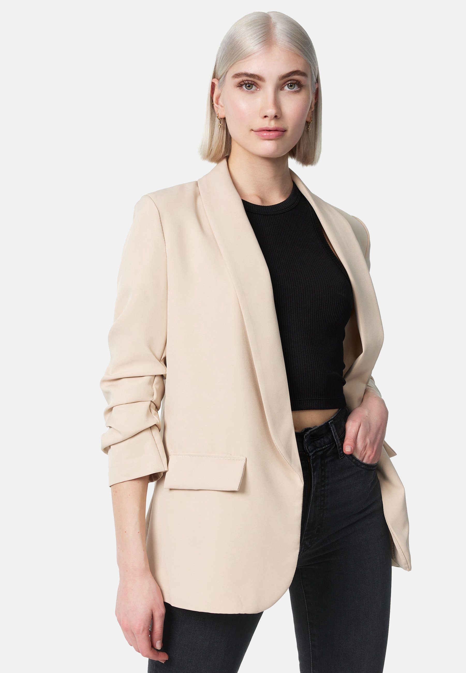 in (Stylischer Einheitsgröße) Business Sakko Ärmeln PM SELECTED Blazer Gerafften Kurzblazer PM-22 Beige