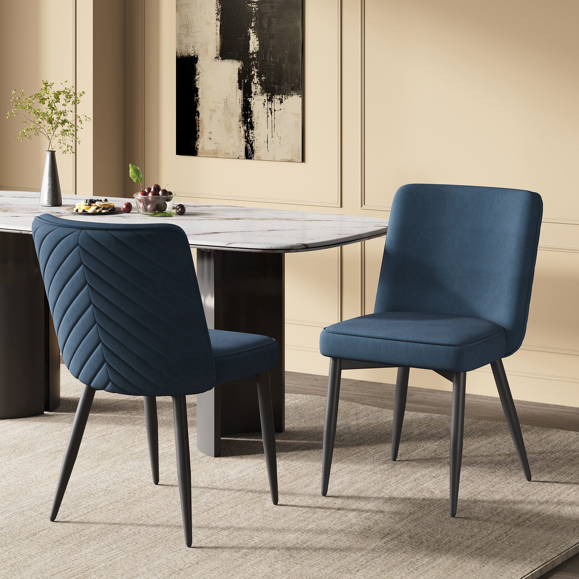 Flieks Esszimmerstuhl (Set, 2 St), 2er Set Polsterstühle Wohnzimmerstuhl Samt Dunkelblau, Metallbeine