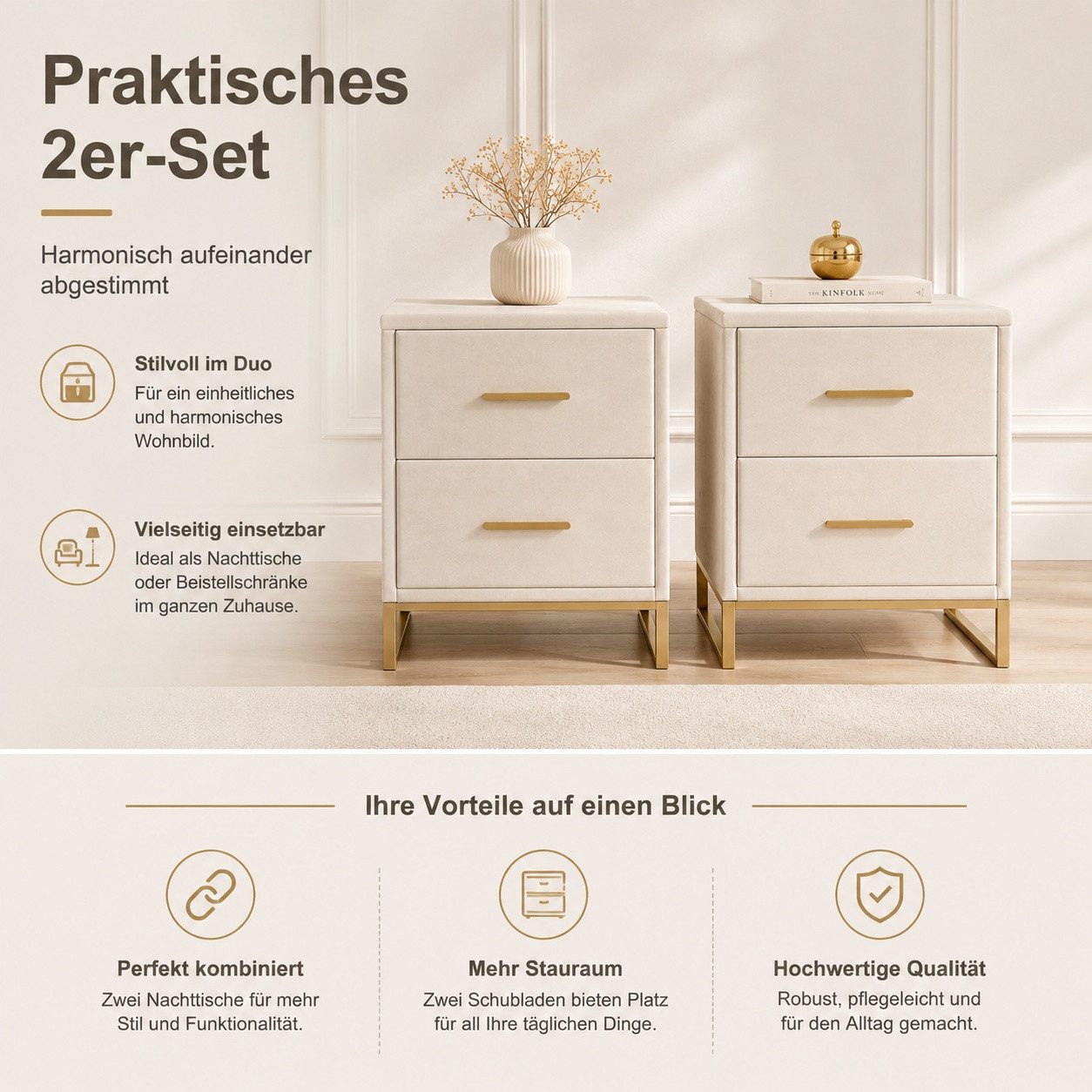 Simurq Nachttisch Nachtkommode 2er Set mit 2 Schubladen, Samt Beige 40x40x50 cm (2-teiliges Set, 2-St., 2 Nachttische als Set), 2er-Set, Samtoptik, zwei Schubla – Bild 3 von 5