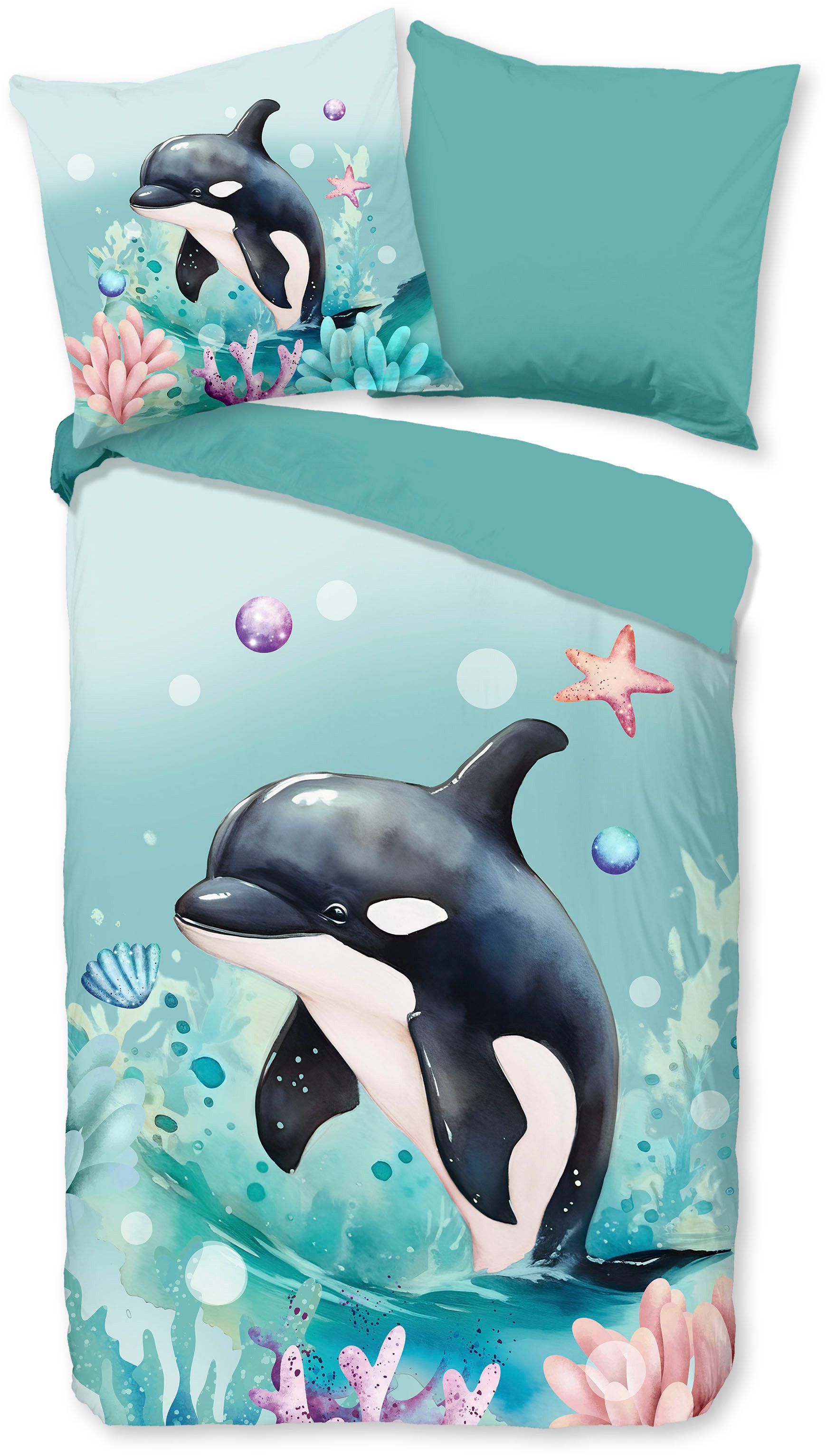 PURE luxury collection Kinderbettwäsche Splash, Microfaser, 2 teilig, Mikrofaser, 135x200, 2 Teilig, Wendeoptik, Kind, Schwertwal, Orka