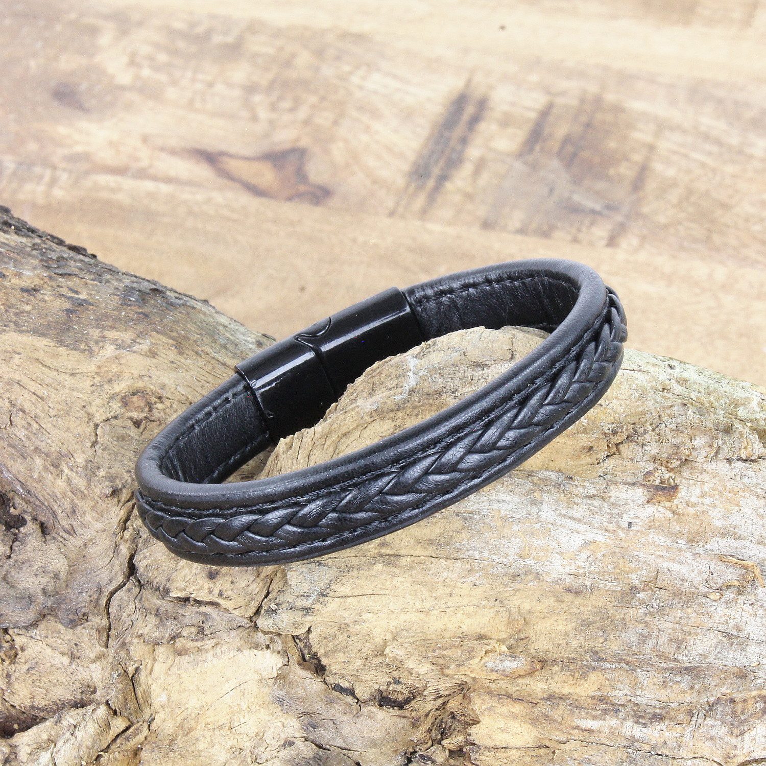 KARMA Armband Armband Herren Leder schwarz Herrenarmband Männer, Männer Lederarmband mit Edelstahl