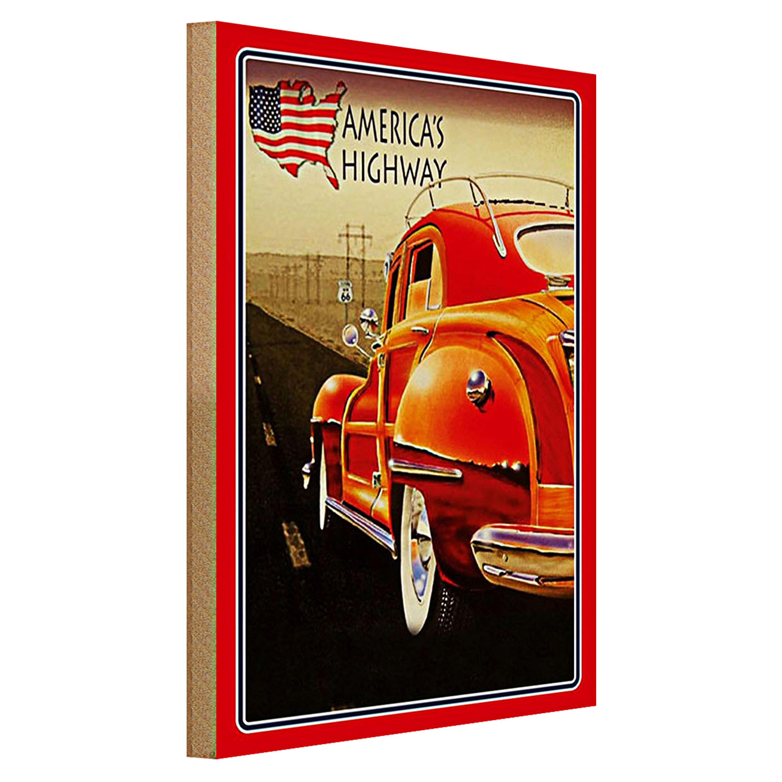Roomando Holzbild Auto 30x40cm Oldtimer america´s highway USA