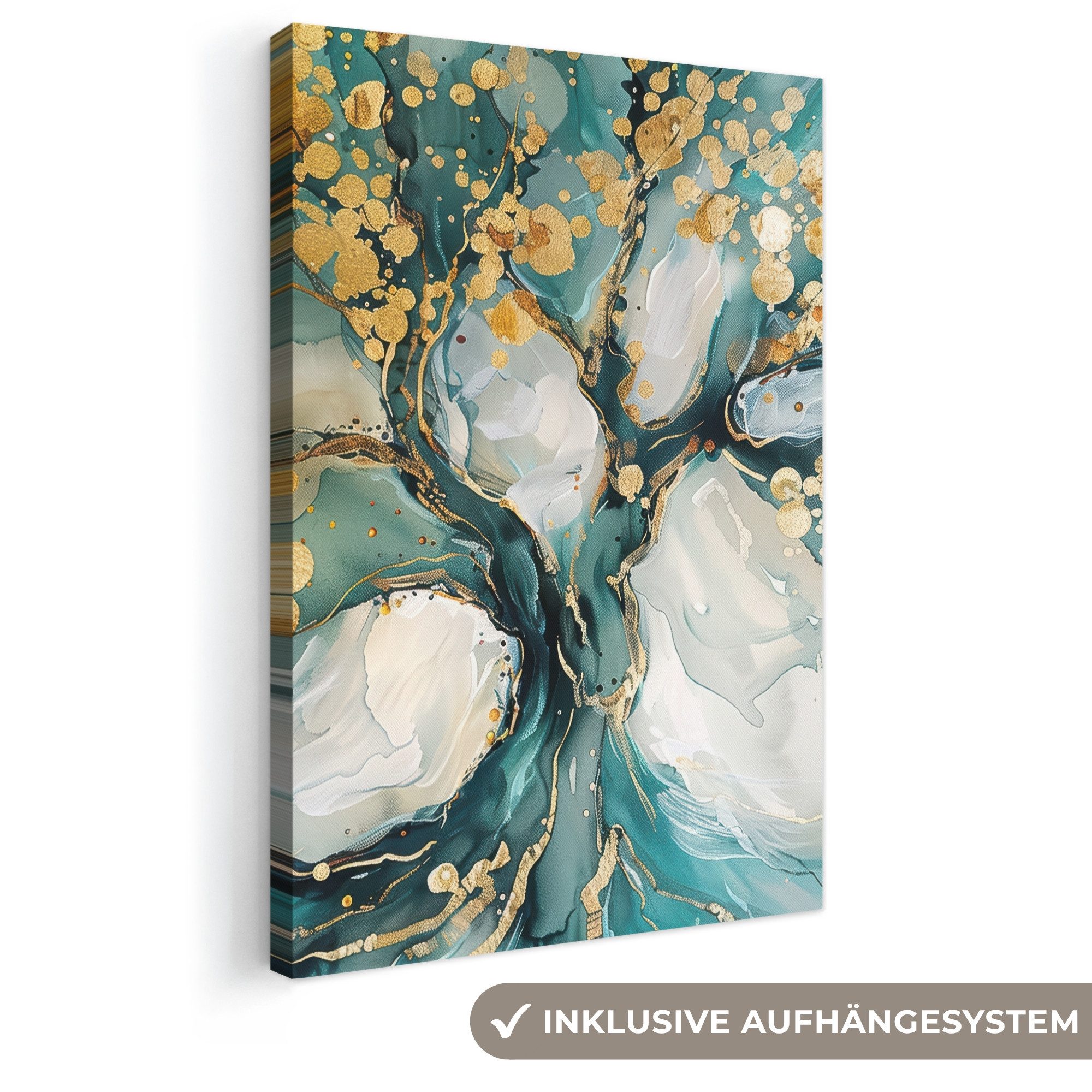 OneMillionCanvasses® Leinwandbild Baum - Modern - Farboptik - Türkis - Gold, Fotodruck (1 St), Leinwand Canvas Wandbild, Wanddekoration 20x30 cm