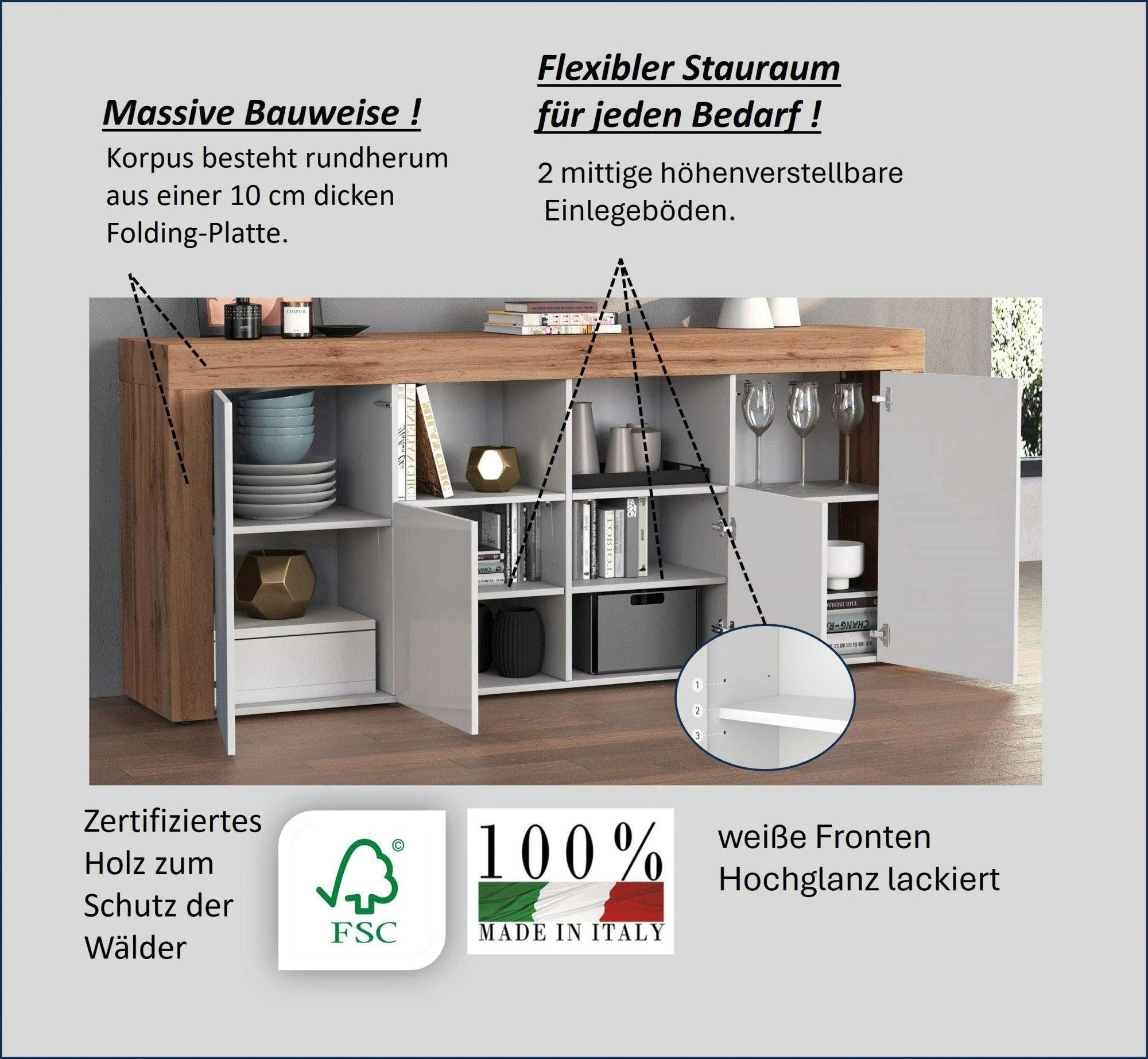 OTTO home Sideboard CHRONOS Breite 200 cm mit 4 Türen, 2 offene und 8 geschlossene Fächer (1 St), Sideboard,Kommode, Schrank, Grifflos mit Push to Open, Made in Italy