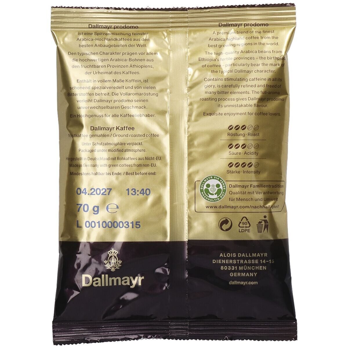 DALLMAYR Kaffee prodomo, 50x Einzelportionen à 70 g