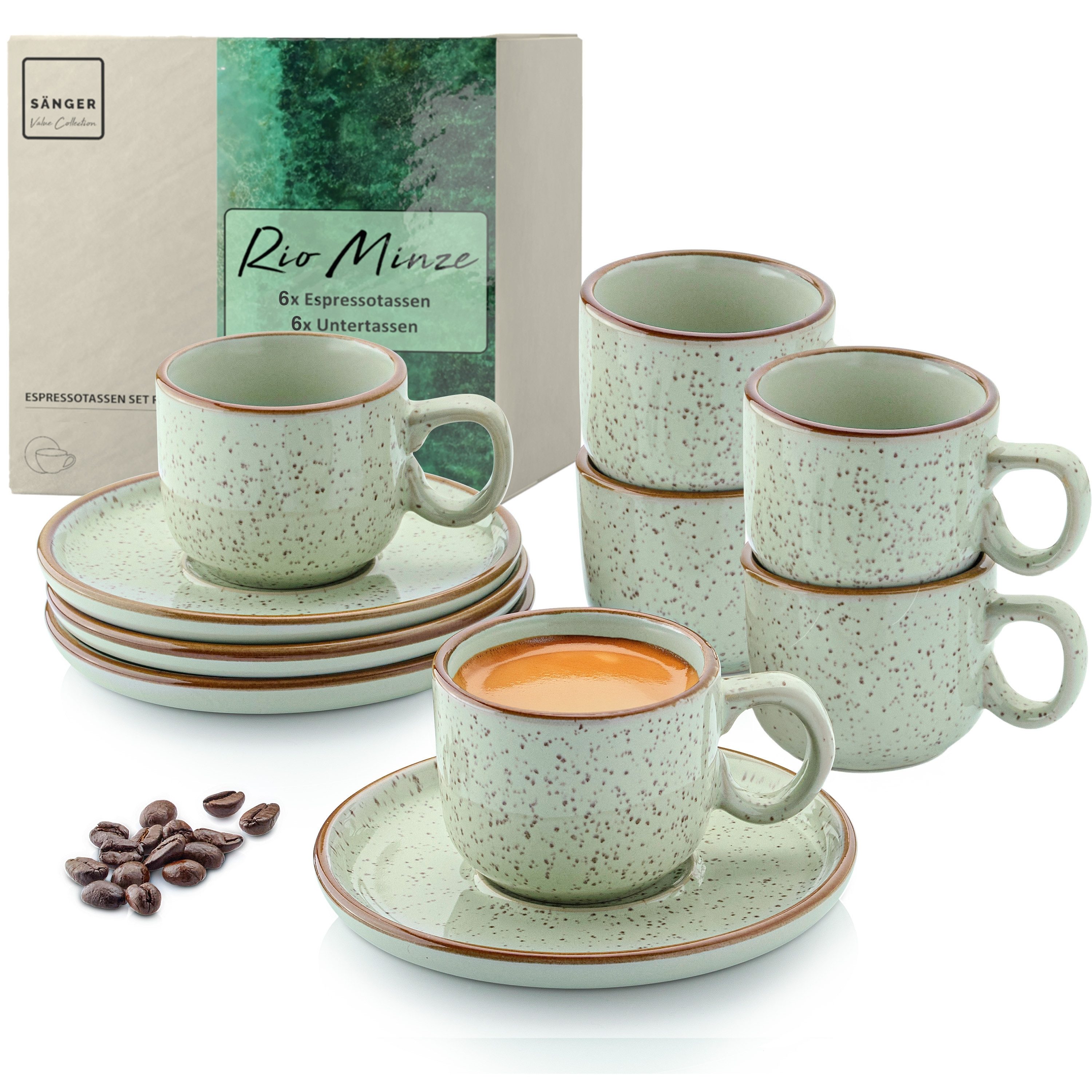 SÄNGER Espressotasse Set 12 tlg. Rio, 12-tlg., Steingut, Minze, Grün, 80 ml, VALUE COLLECTION