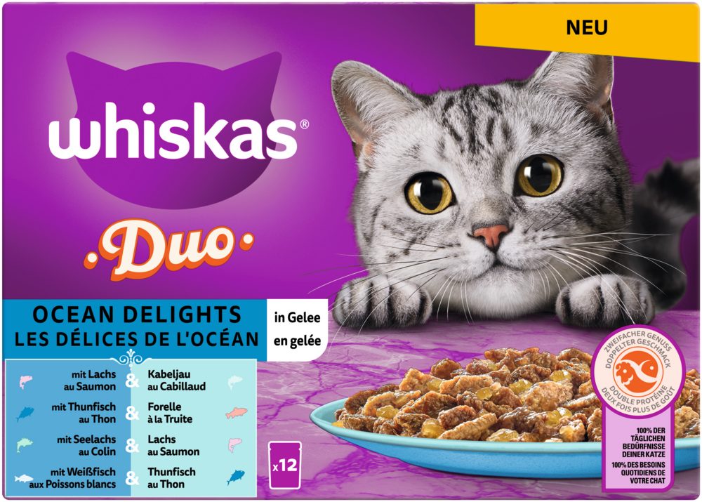 Whiskas WHISKAS® Portionsbeutel Multipack Duo Ocean Delight in Gelee 12 x 85g, Nassfutter für: Katze
