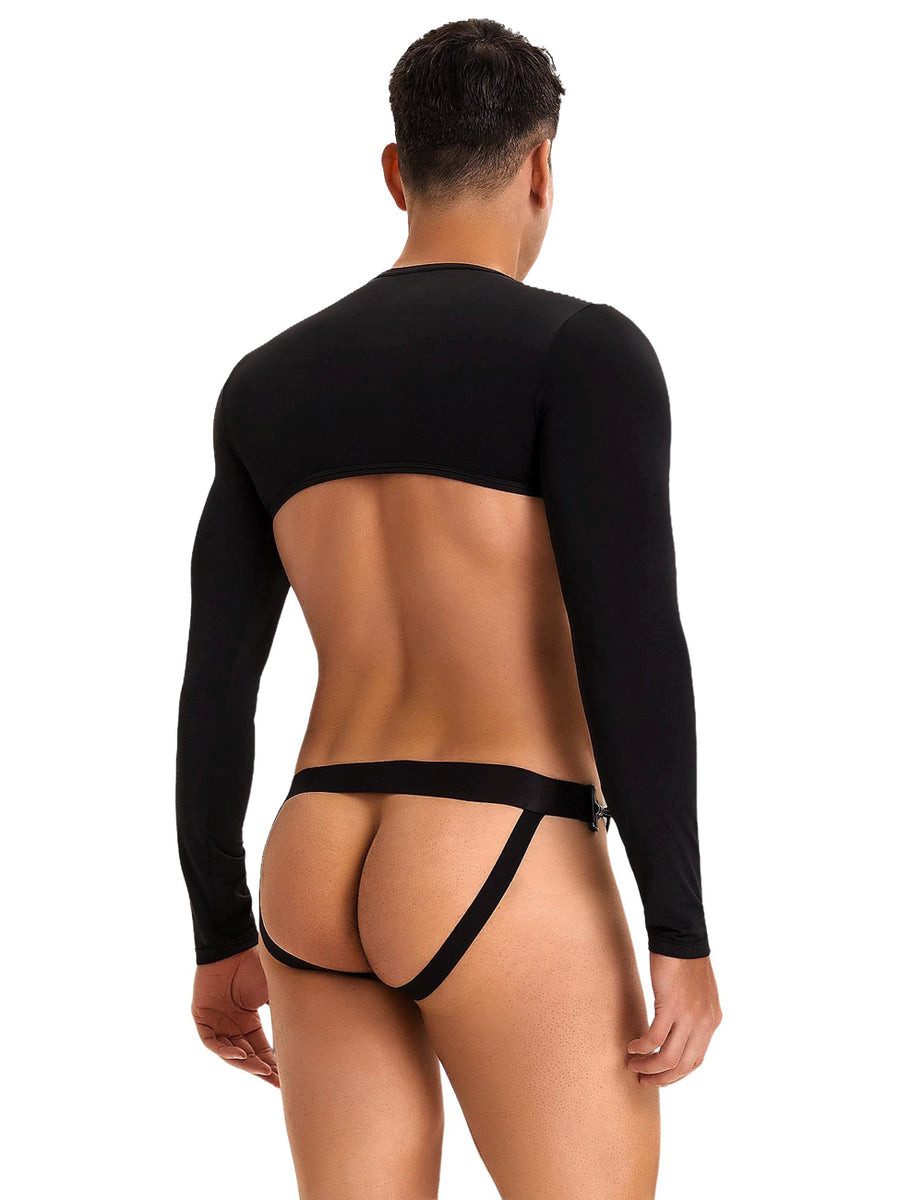 Lau-Fashion Boxershorts Herren Crop Top Langarm mit Jockstrap – Schwarzes Unterwäsche-Set (Set)