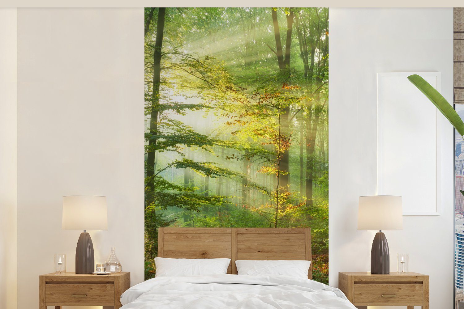 MuchoWow Fototapete Sonne - Wald - Bäume - Natur - Herbst, Matt, bedruckt, (2 St), Vliestapete für Wohnzimmer Schlafzimmer Küche, Fototapete