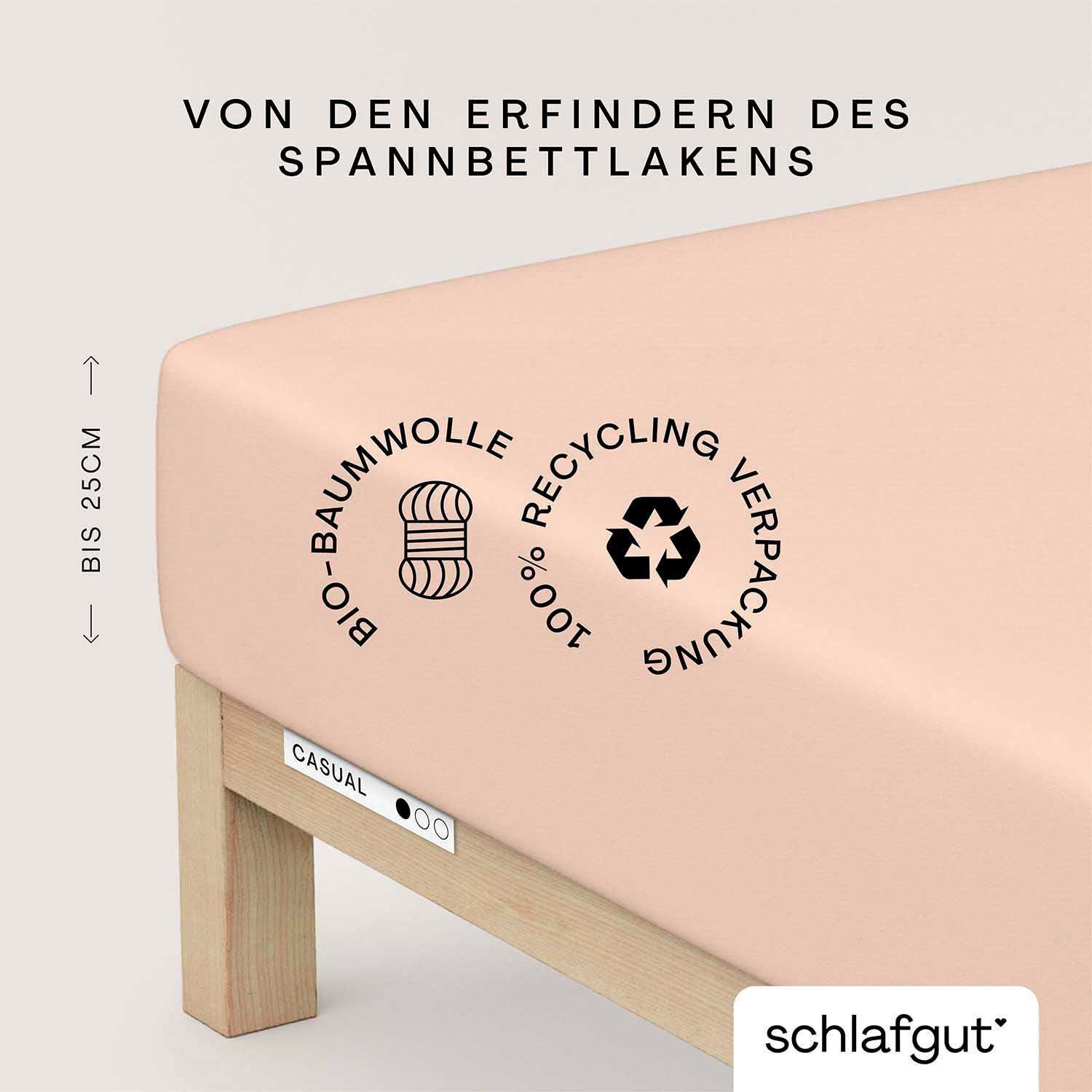 Schlafgut Spannbettlaken CASUAL Bettlaken 100% gekämmte Bio-Baumwolle, 150 g/m², Spannbetttuch, Jersey, Gummizug: rundum, (1 Stück), Bettlaken bis 25 cm Höhe, langlebig, weich, Antipilling-Ausrüstung