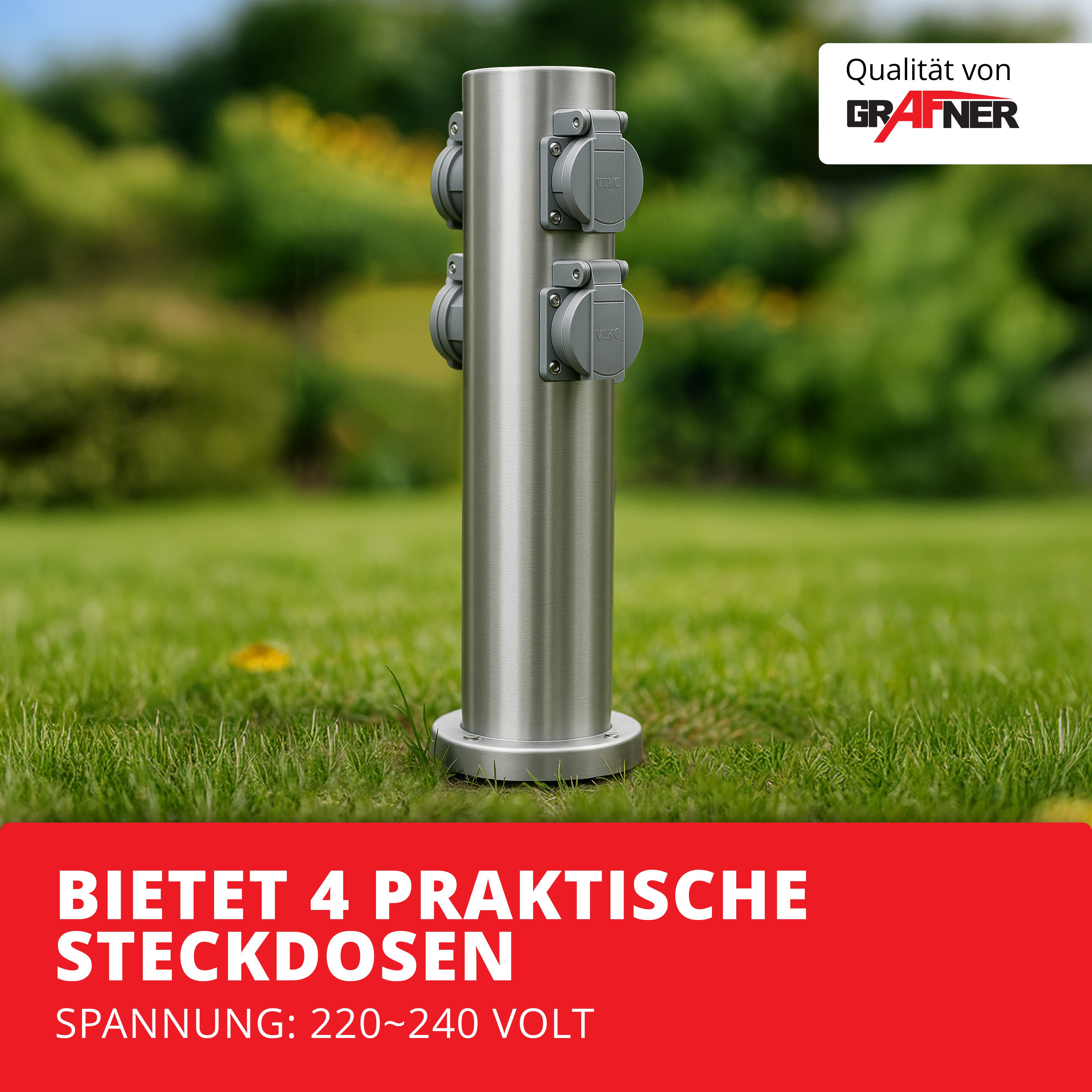 Grafner Gartensteckdose Steckdosensäule mit 4 Außensteckdosen Edelstahl Gartensteckdose, Stck, 1-St., 1, Inkl. Befestigungsmaterial, Maße: Ø ca. 11cm, Höhe: ca. 40cm