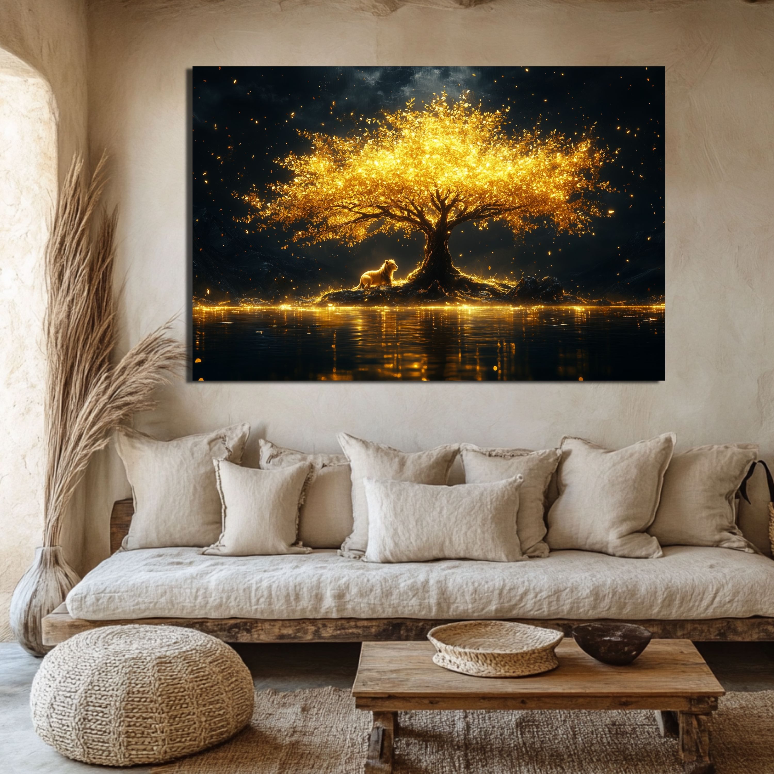 DARO Design Leinwandbild Modern Abstrakt Wandbilder XXL Wandbild Wand Deko Leinwand Bilder, (Tiger am goldenen Baum - Bild groß Wohnzimmer Esszimmer Schlafzimme – Bild 2 von 5