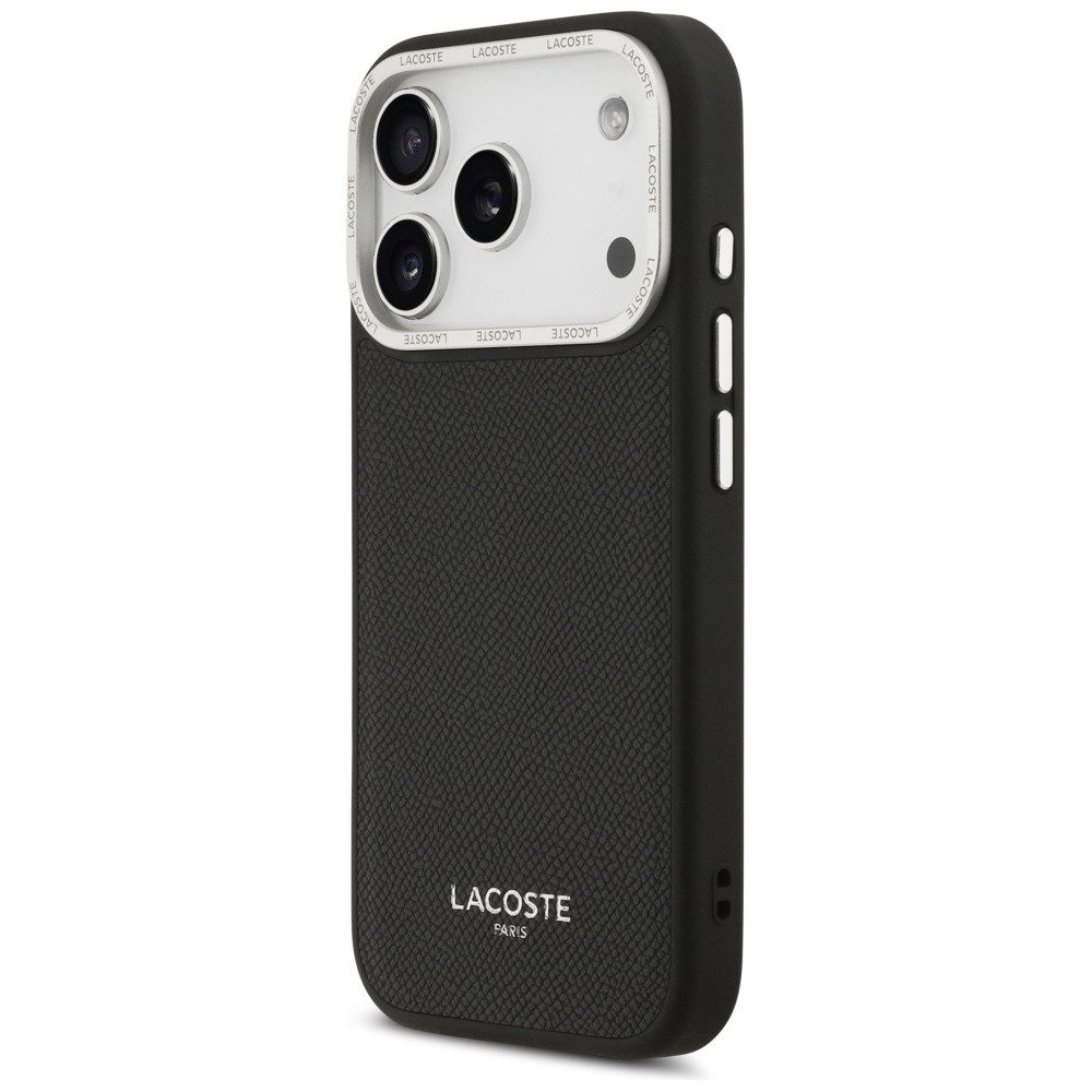 Lacoste Handyhülle iPhone 17 Pro Champs Elysees Kunstleder schwarz Logo Magsafe 6,3 Zoll, Kantenschutz