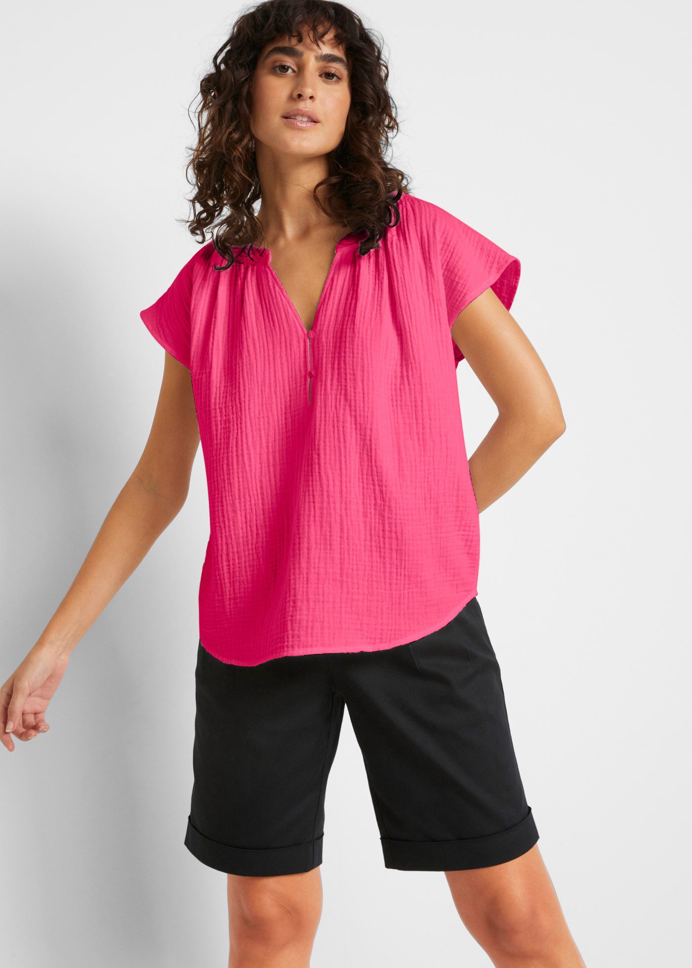 bonprix Shirtbluse Oversize-Passform, mit V-Ausschnitt, aus Baumwolle