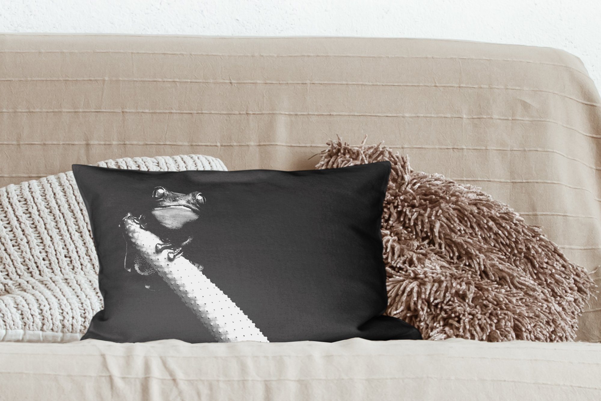 Wohzimmer Laubfrosch weiß, Füllung, vor Schlafzimmer Dekoration, schwarz - mit MuchoWow Kleiner Dekokissen Dekokissen und Zierkissen, schwarzem Hintergrund