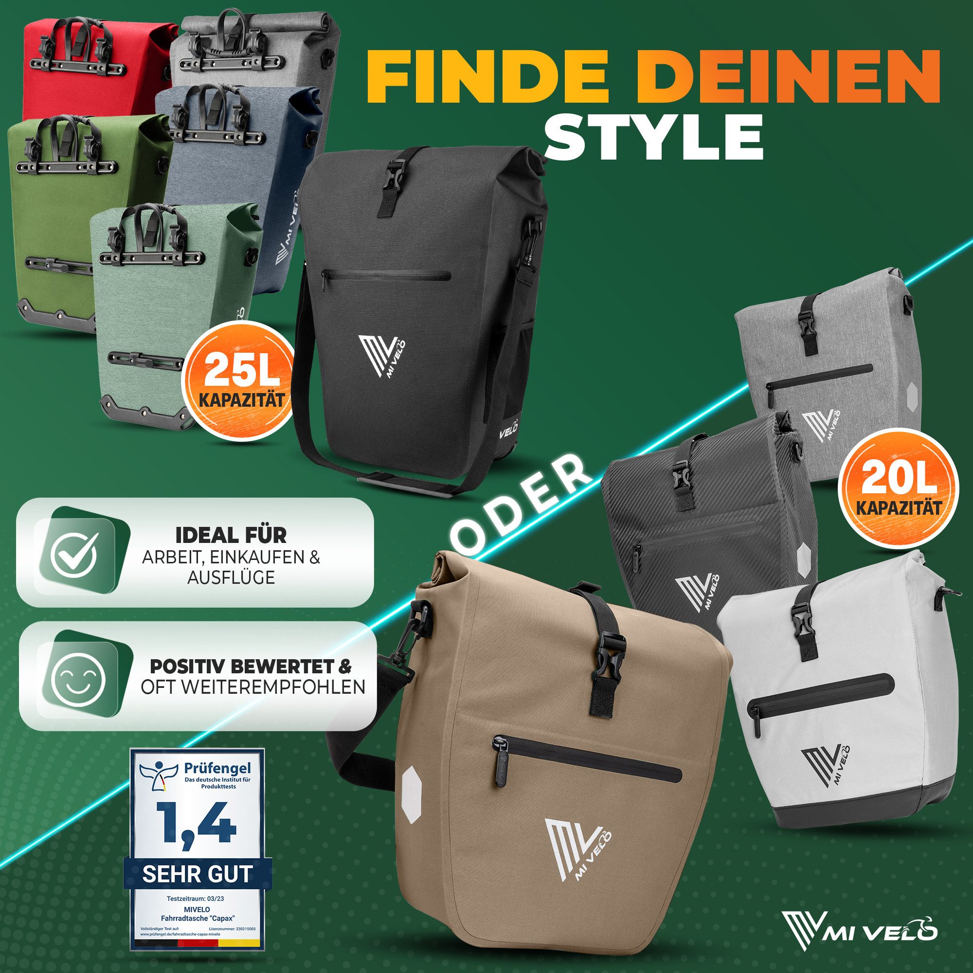 MIVELO Fahrradtasche Gepäckträgertasche wasserdicht inkl. Gurt für Umhängetasche, Zwei Varianten wählbar