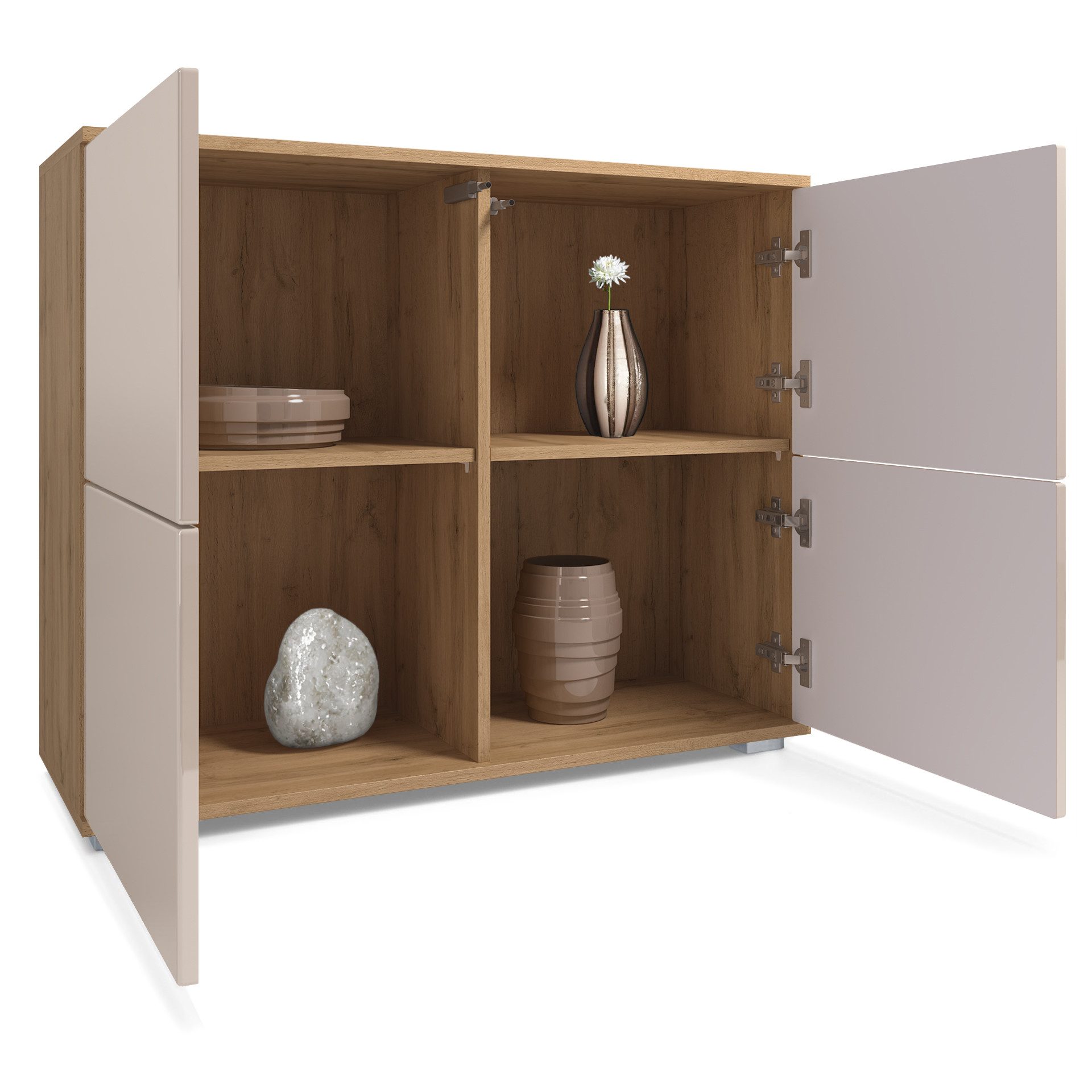 Vladon Kommode Rova V3 (Moderner Küchenschrank, mit 4 Push-to-Open Türen), Eiche Evoke / Bronze Optik (92,5 x 75.5 x 35)