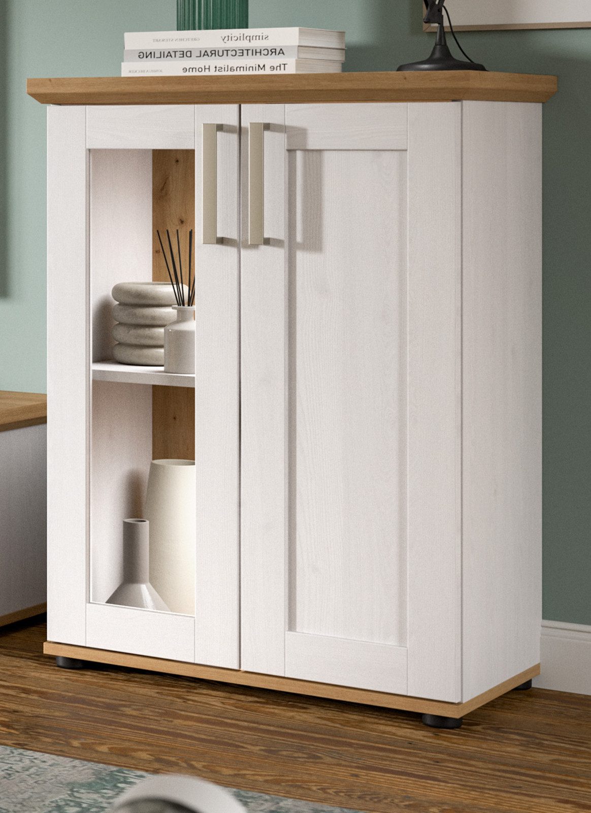 Inn.Furn Standvitrine Mirano (Kommode in weiß Lärche mit Eiche Artisan, 64 günstig online kaufen