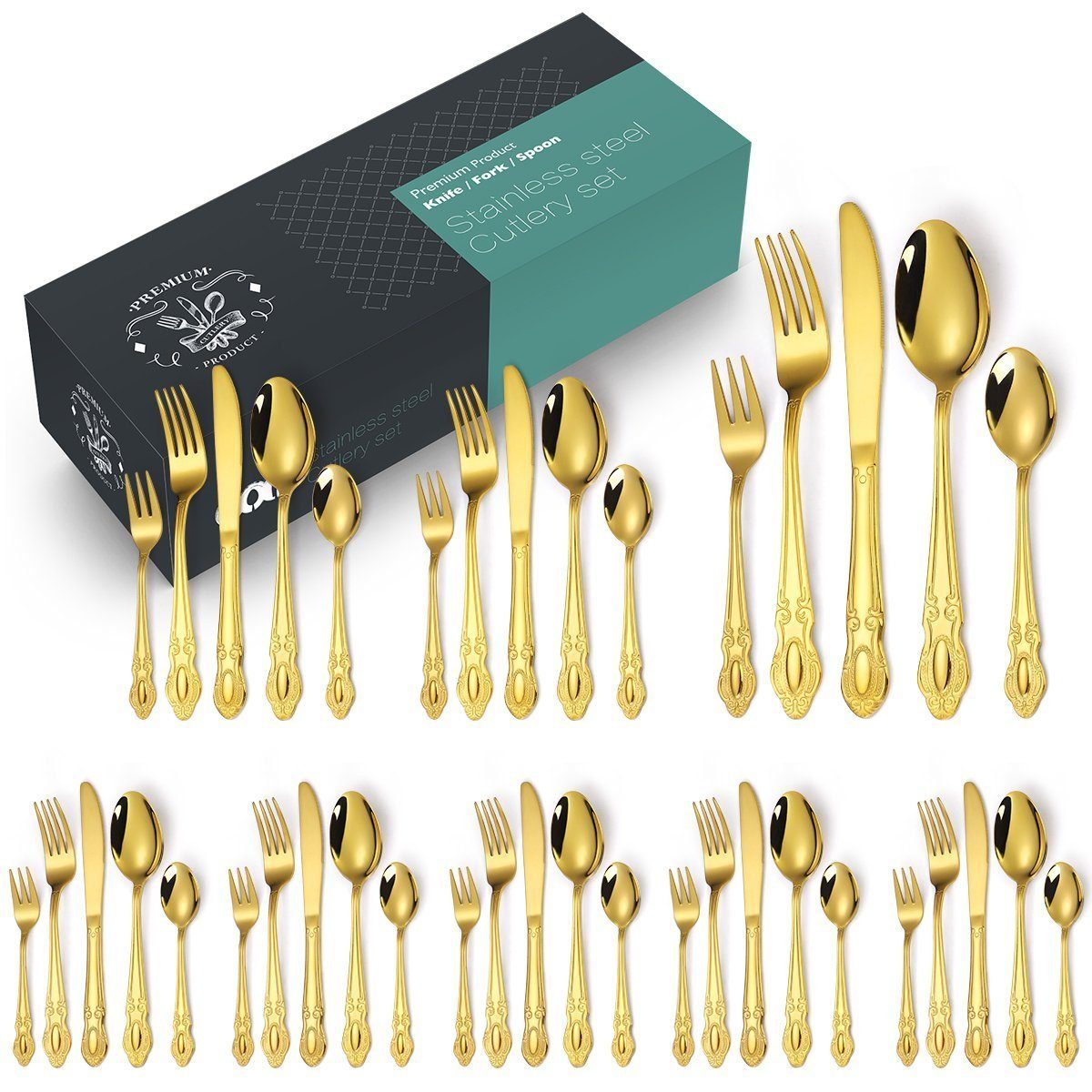 Coisini Besteck-Set 40teilig Elegant Besteck Set 8 Personen Luxury Royal poliert glänzend Gold